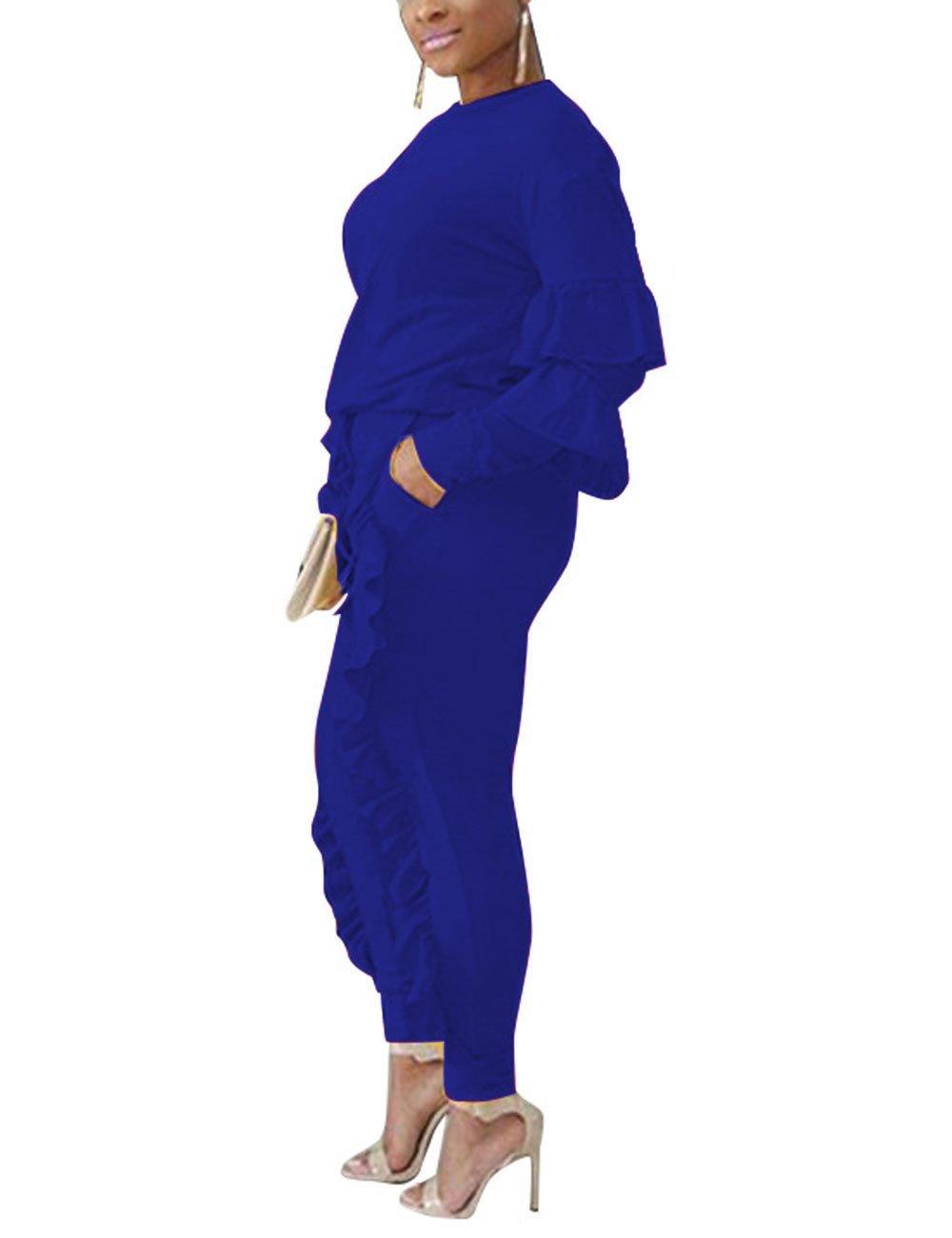 AKMIPOEM Women's 2-Piece Outfits - Ruffled Sleeve Sweatshirt & Long Pants Tracksuit Set | Casual Loungewear, Workout Clothes & Streetwear Fashion