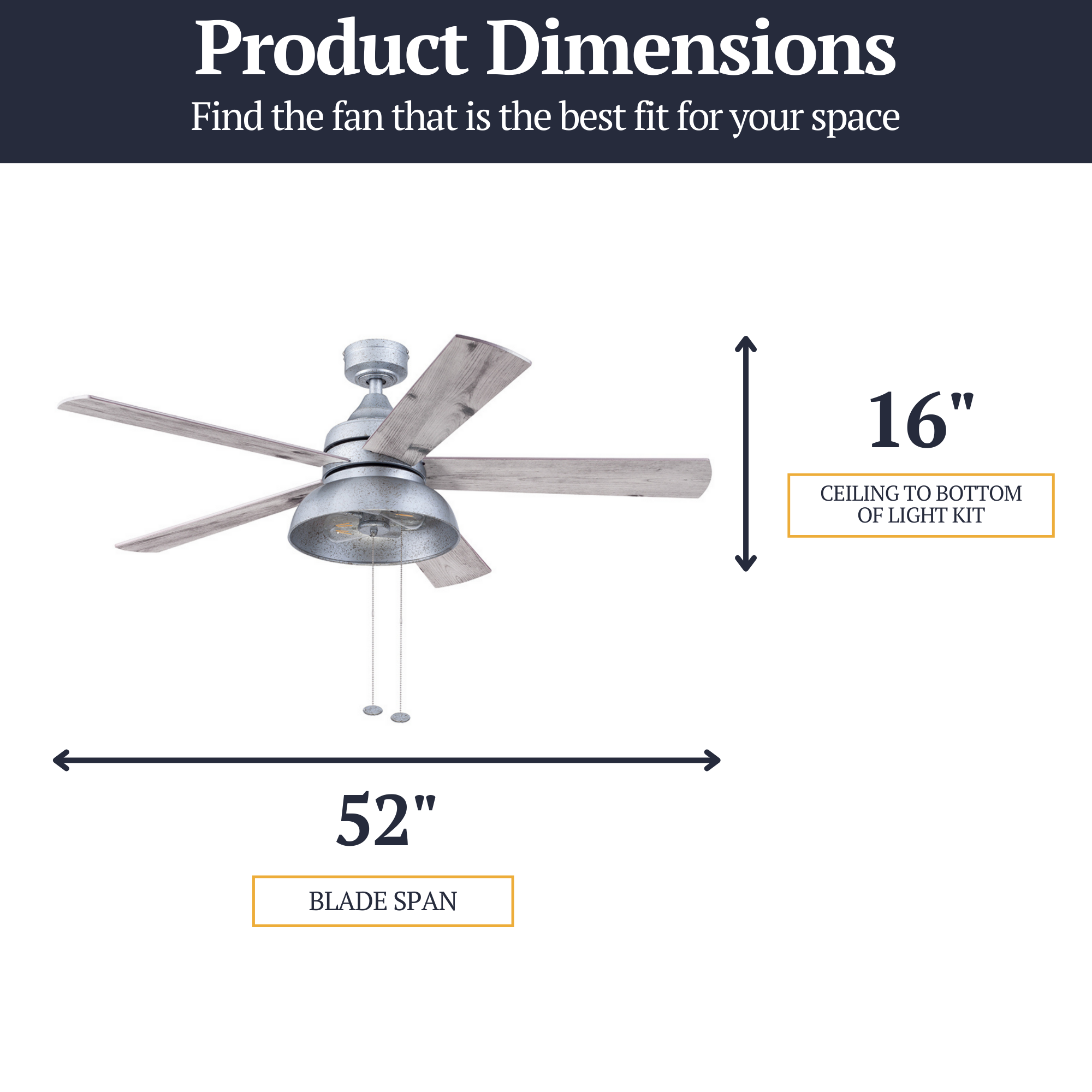 52 Inch Brightondale Galvanized Pull Chain Ceiling Fan - Indoor/Outdoor Use for Living Room, Bedroom, Patio & Covered Porch
