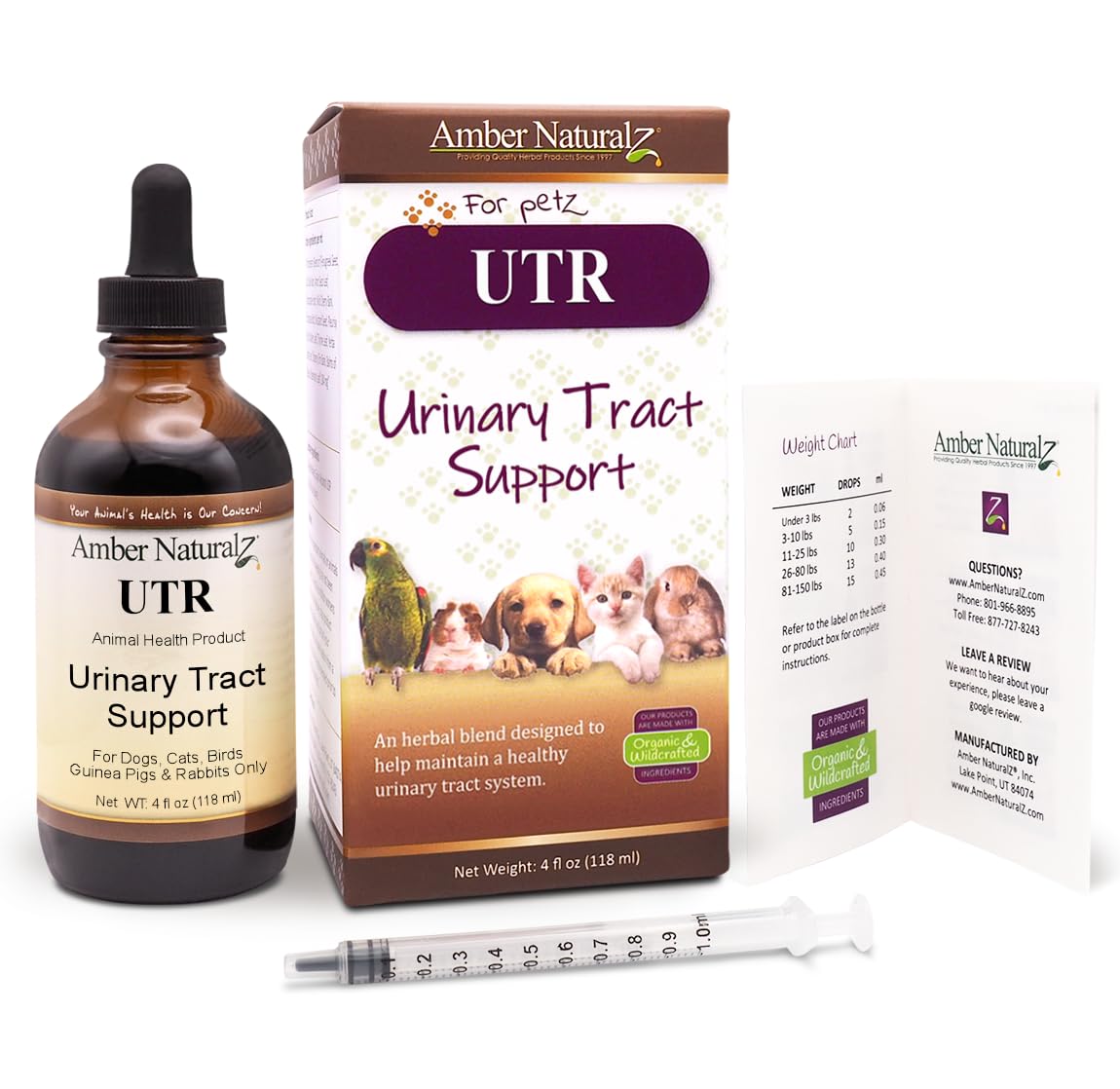 AMBER NATURALZ UTR Urinary Tract Herbal Supplement for Dogs, Cats, Birds, Guinea Pigs & Rabbits | Natural Pet Bladder Support | 4oz Glass Bottle | Made in USA | Supports Healthy Urinary Function for Small Pets