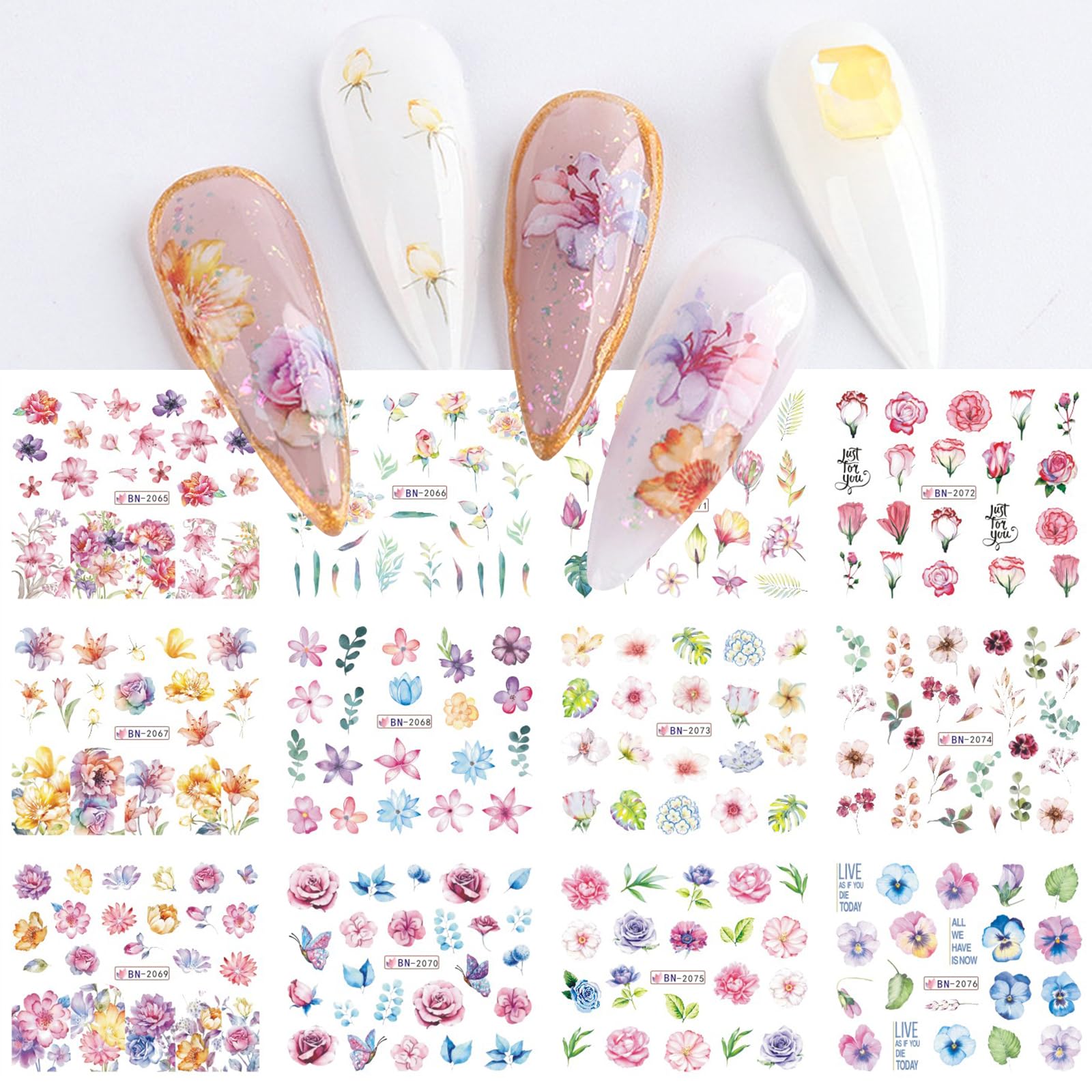 12 Sheets Holographic Flower Water Transfer Nail Decals - DIY Nail Art Stickers with Blooming Flowers & Colorful Leaves - Pink Floral Manicure Designs for Women & Girls - Perfect for Parties, Weddings, and Special Occasions