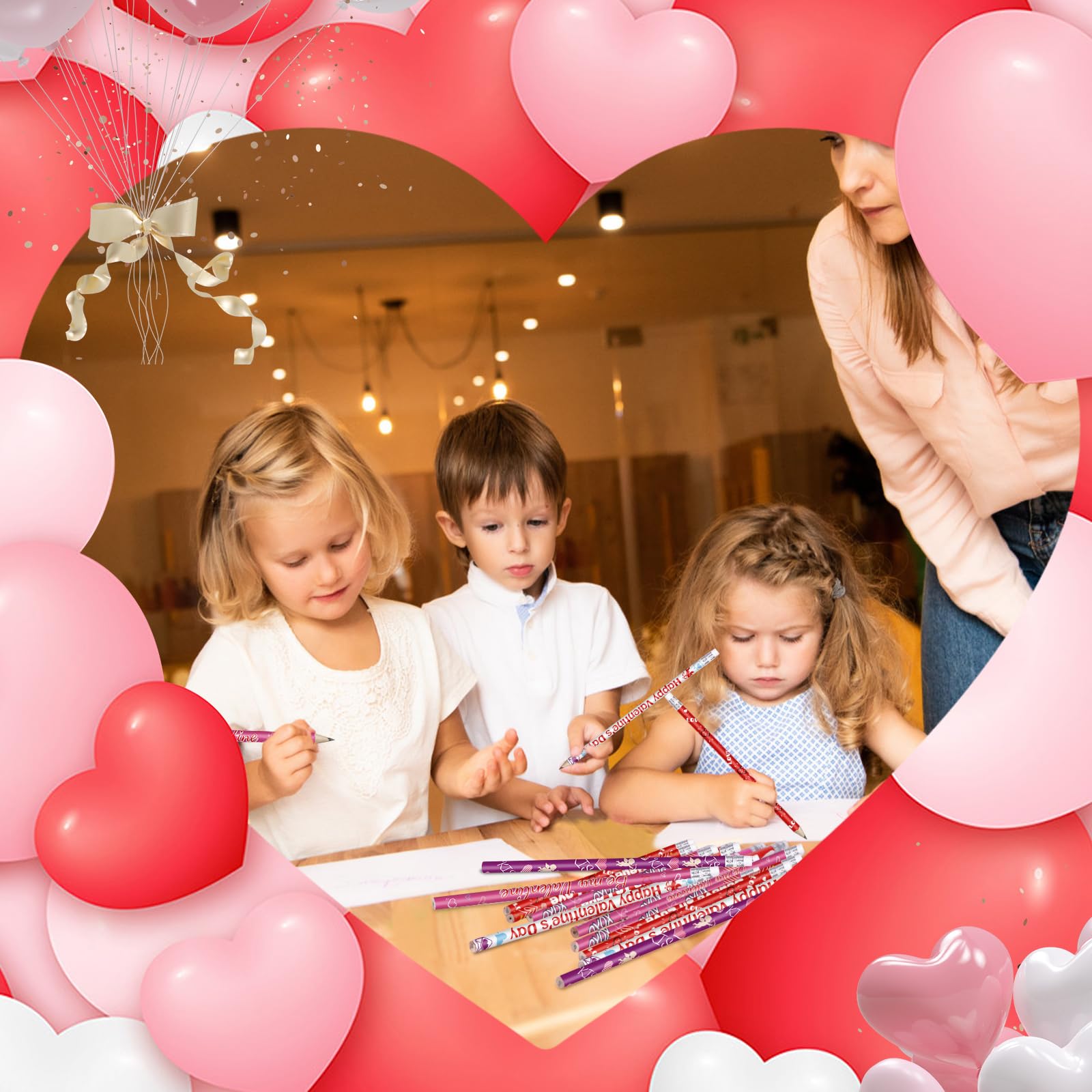 Valentine's Day Pencils Bulk - 24 Pack with Erasers, 6 Cute Styles for Teachers & Students | Perfect for Classroom Gifts, Party Favors & School Supplies
