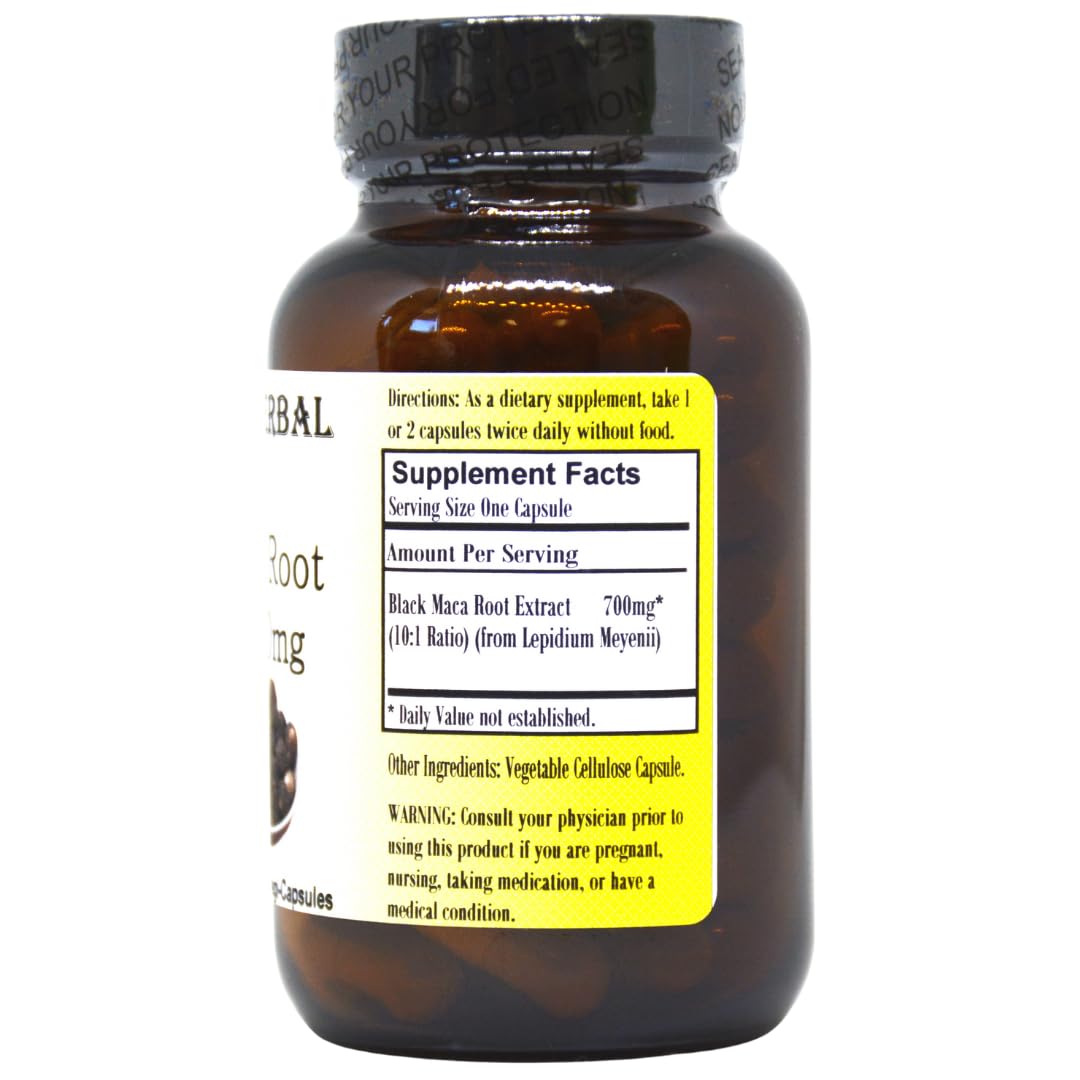 Barlowe's Herbal Elixirs Black Maca Root Extract 700mg - 60 Vegan Capsules (Kosher, Halal Certified) | Peruvian Maca Supplement for Energy, Stamina & Hormonal Balance | Third-Party Tested & Glass Bottle Packaging | Perfect for Daily Wellness & Fitness Routines
