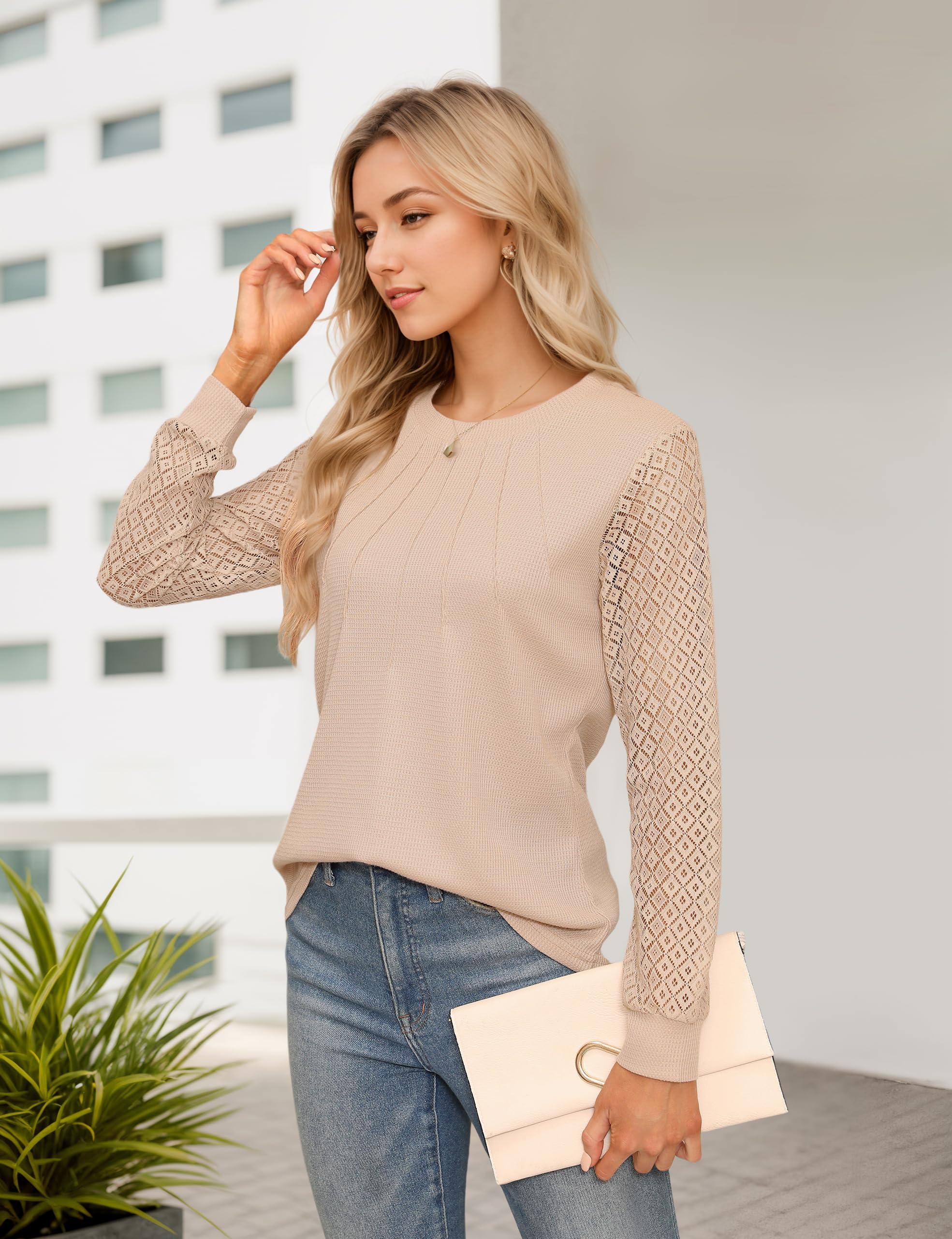 Blooming Jelly Women's Waffle Knit Long Sleeve Blouse - Elegant Business Casual Top with Lace Sleeve Detail | Fall Fashion 2024 | Perfect for Office Wear, Date Nights & Autumn Outfits
