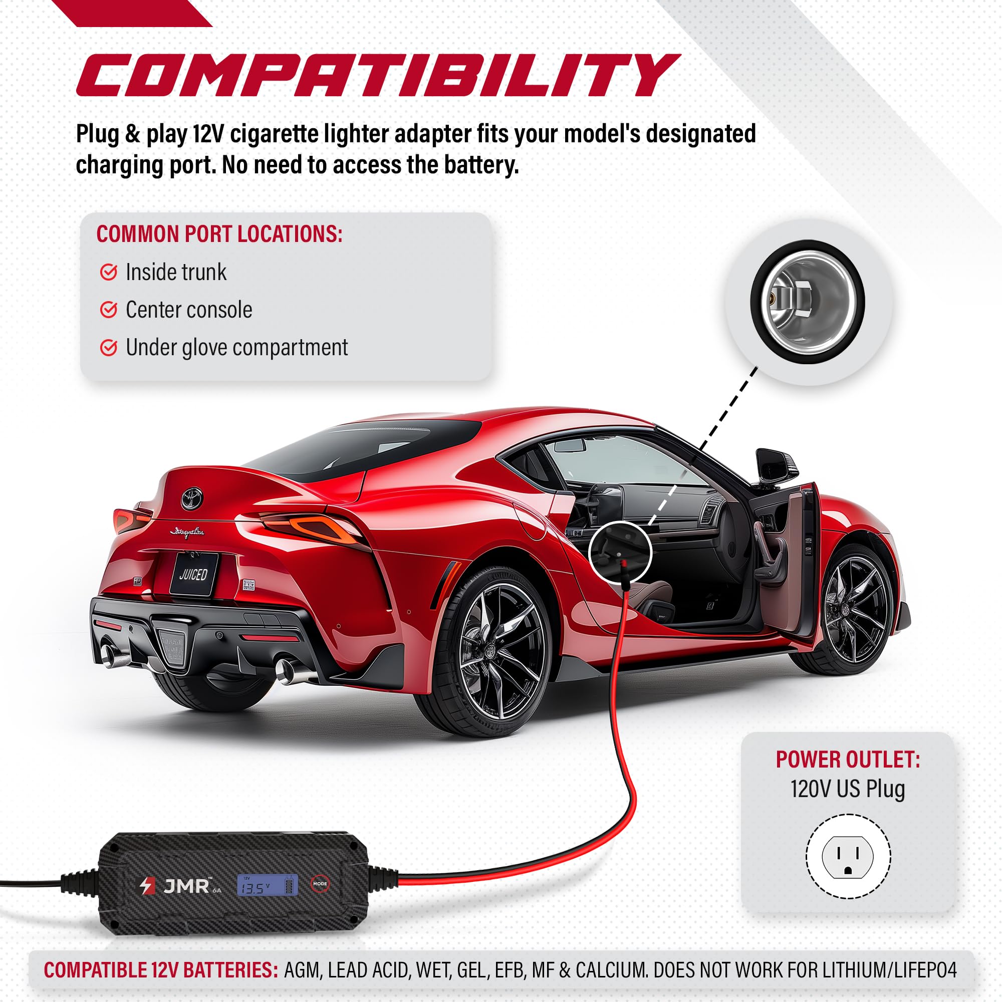 JMR Battery Charger & Maintainer for Toyota 86, Land Cruiser, Sequoia, Tundra, Mirai, Supra, Highlander, RAV4, 4Runner, Sienna, Tacoma - 12V Trickle Charger for All Toyota Models - Perfect for Winter Storage & Long-Term Vehicle Maintenance (No Lithium Mode)