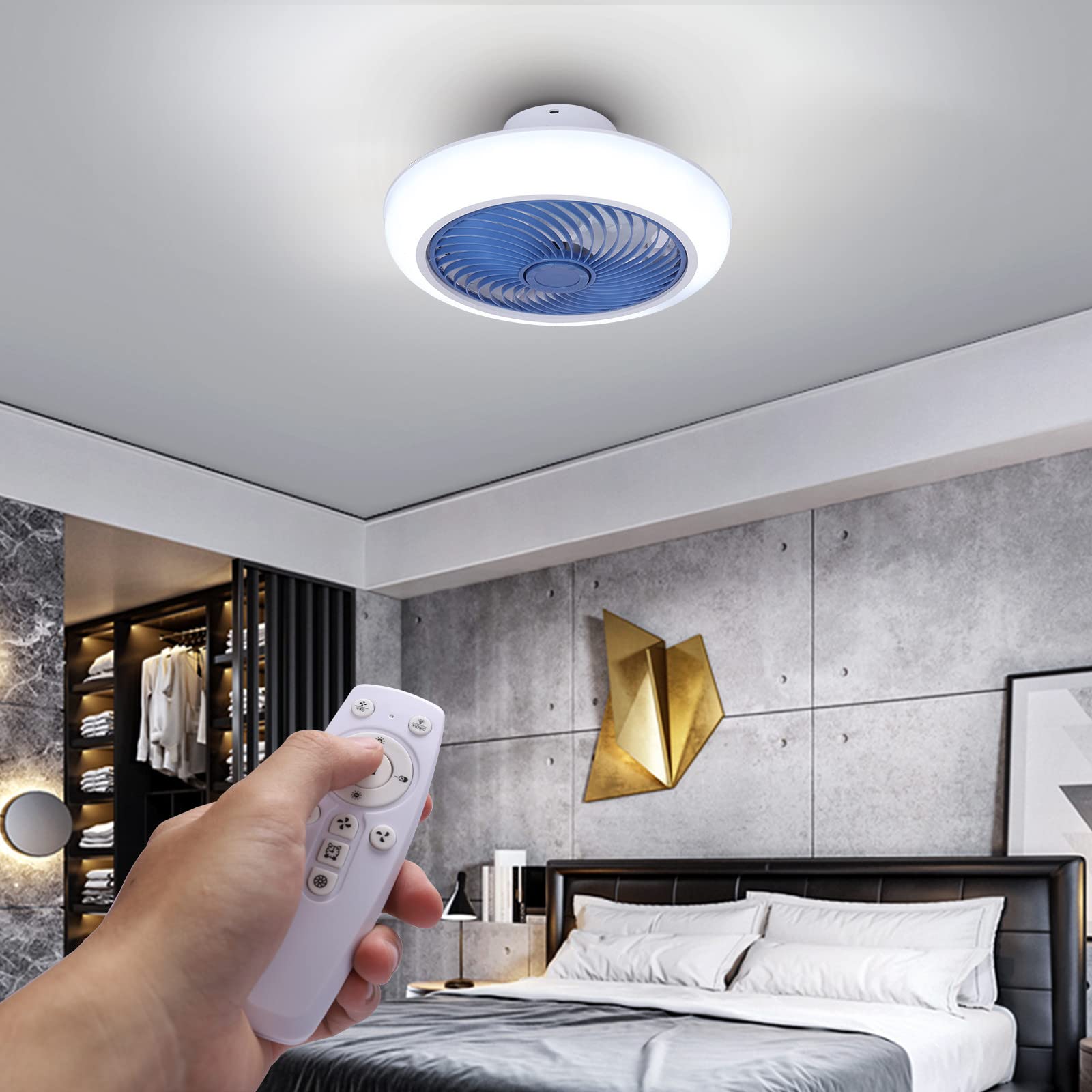 Modern Low Profile Ceiling Fan with LED Lights & Remote Control - 3-Speed Dimmable Enclosed Fan Light for Bedroom, Kitchen, Living Room (Blue) - Energy Efficient Cooling & Stylish Lighting Solution for Home & Office