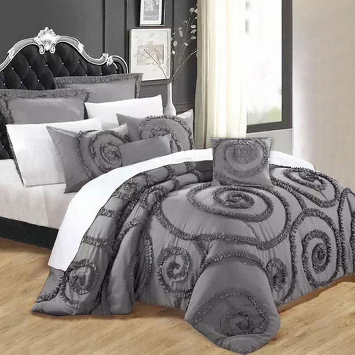 Floral Ruffled Charcoal 7-Piece Deluxe Comforter Set Queen Size - Soft Bedding for Cozy Bedroom Decor & Guest Room Luxury