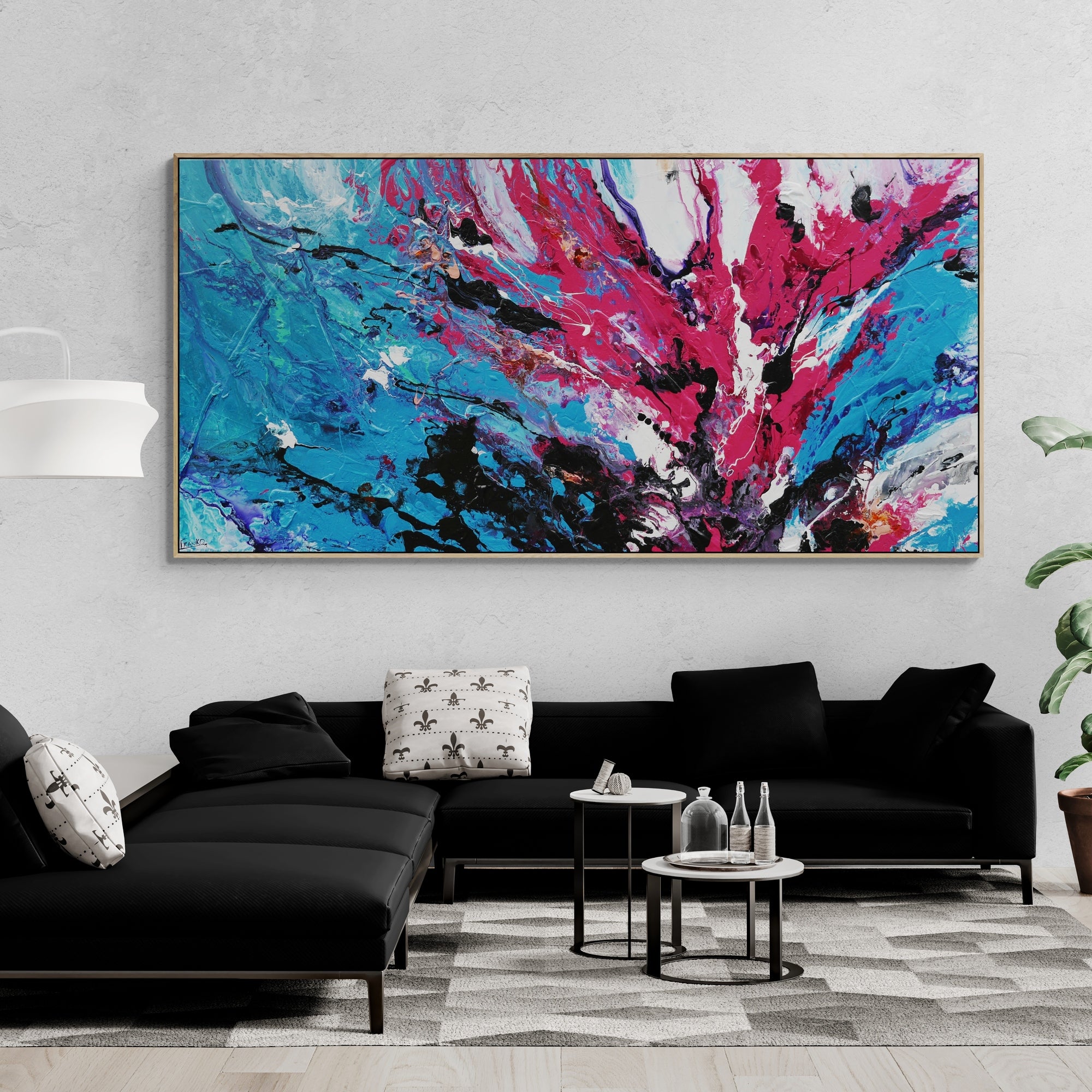 Bloom 240cm x 120cm Blue Pink Textured Abstract Canvas Art - Modern Wall Decor for Living Room, Bedroom & Office