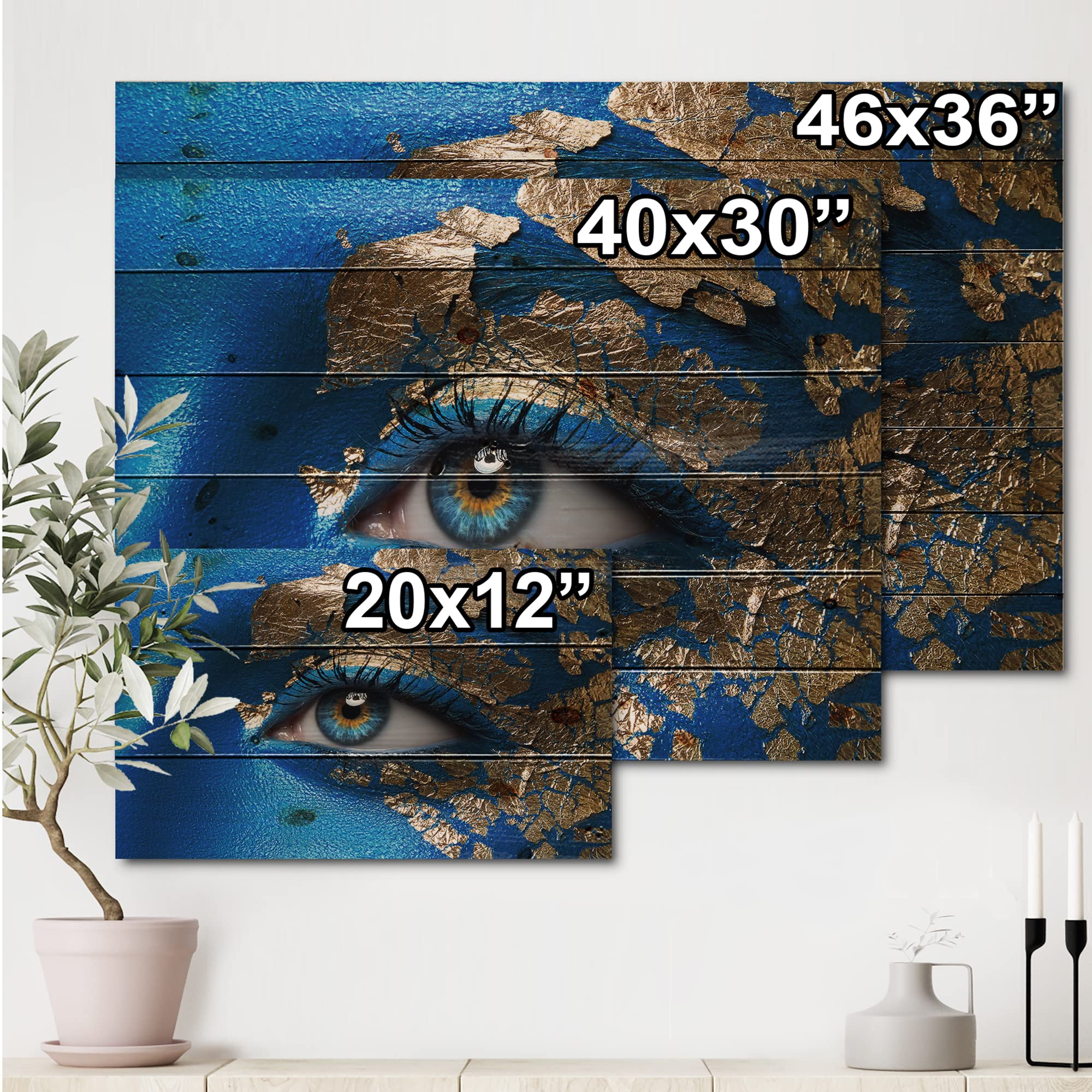 Modern Blue Makeup Girl Portrait Wood Wall Art - Contemporary Large Pine Wood Panel Decor for Living Room, Bedroom & Office