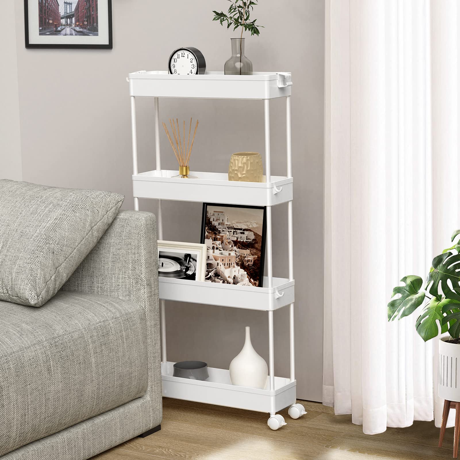 SPACELEAD 4-Tier Slim Rolling Storage Cart - Bathroom, Kitchen & Office Organizer with Slide-Out Shelves - Mobile Utility Cart for Small Spaces, Laundry Room & Narrow Areas - White - Perfect for Bathroom Essentials, Kitchen Supplies & Home Organization