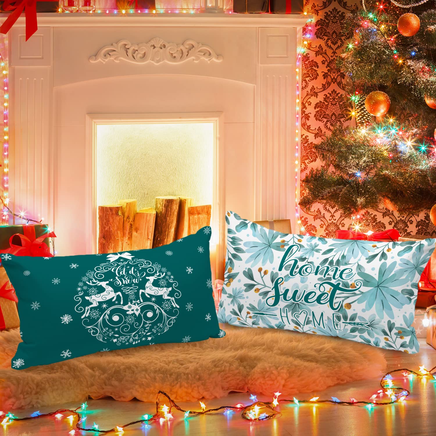 Lanpn Merry Christmas Lumbar Throw Pillow Covers 12x20 (Set of 4) - Decorative Teal Holiday Cushion Covers for Sofa, Bed & Home Decor | Perfect for Winter, Xmas Tree & Fireplace Cozy Decorations