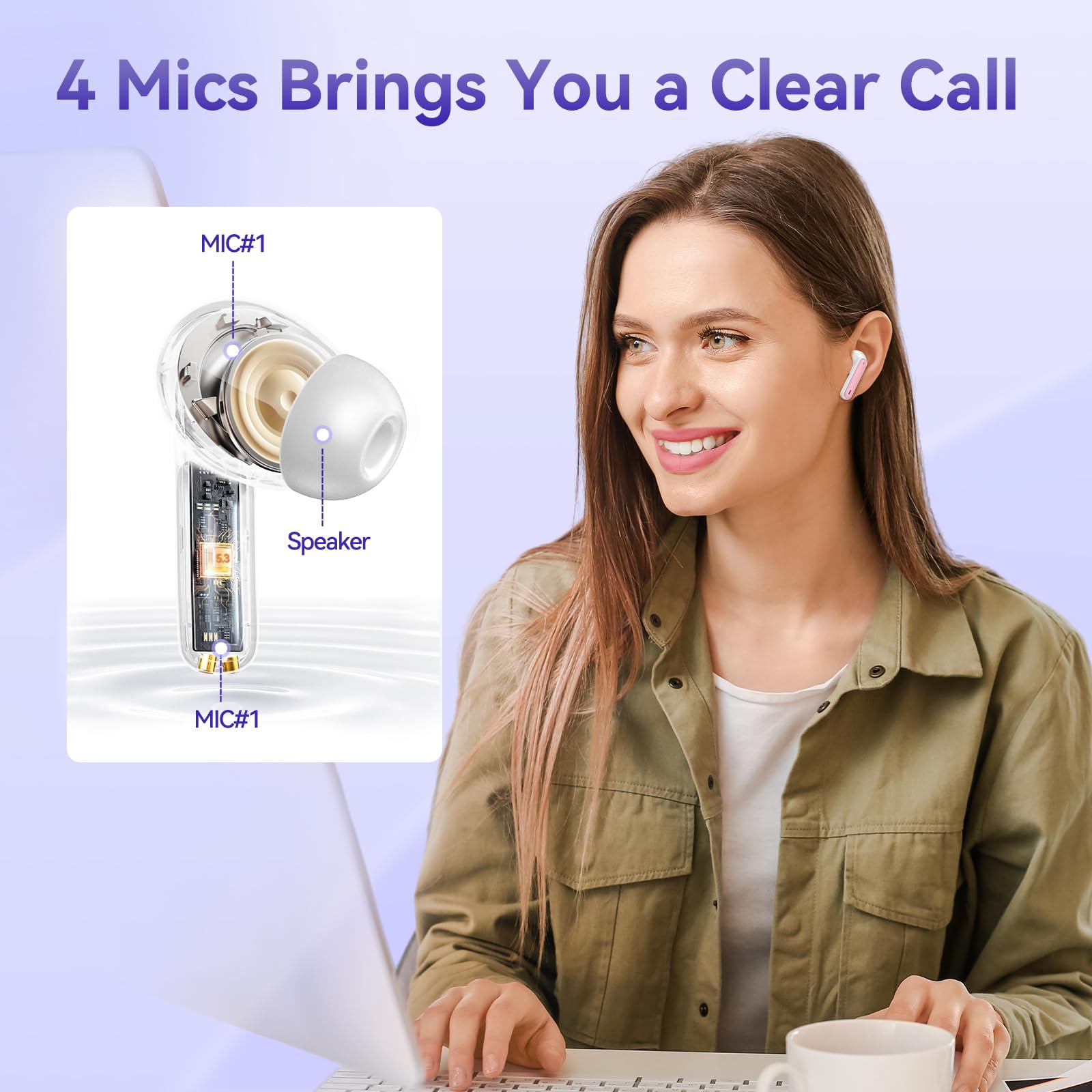 Wireless Bluetooth Headphones with 50-Hour Battery Life, Active Noise Cancelling Mic & Charging Case - Hi-Fi Stereo Sound for iPhone, Android, Workout, Travel & Gaming