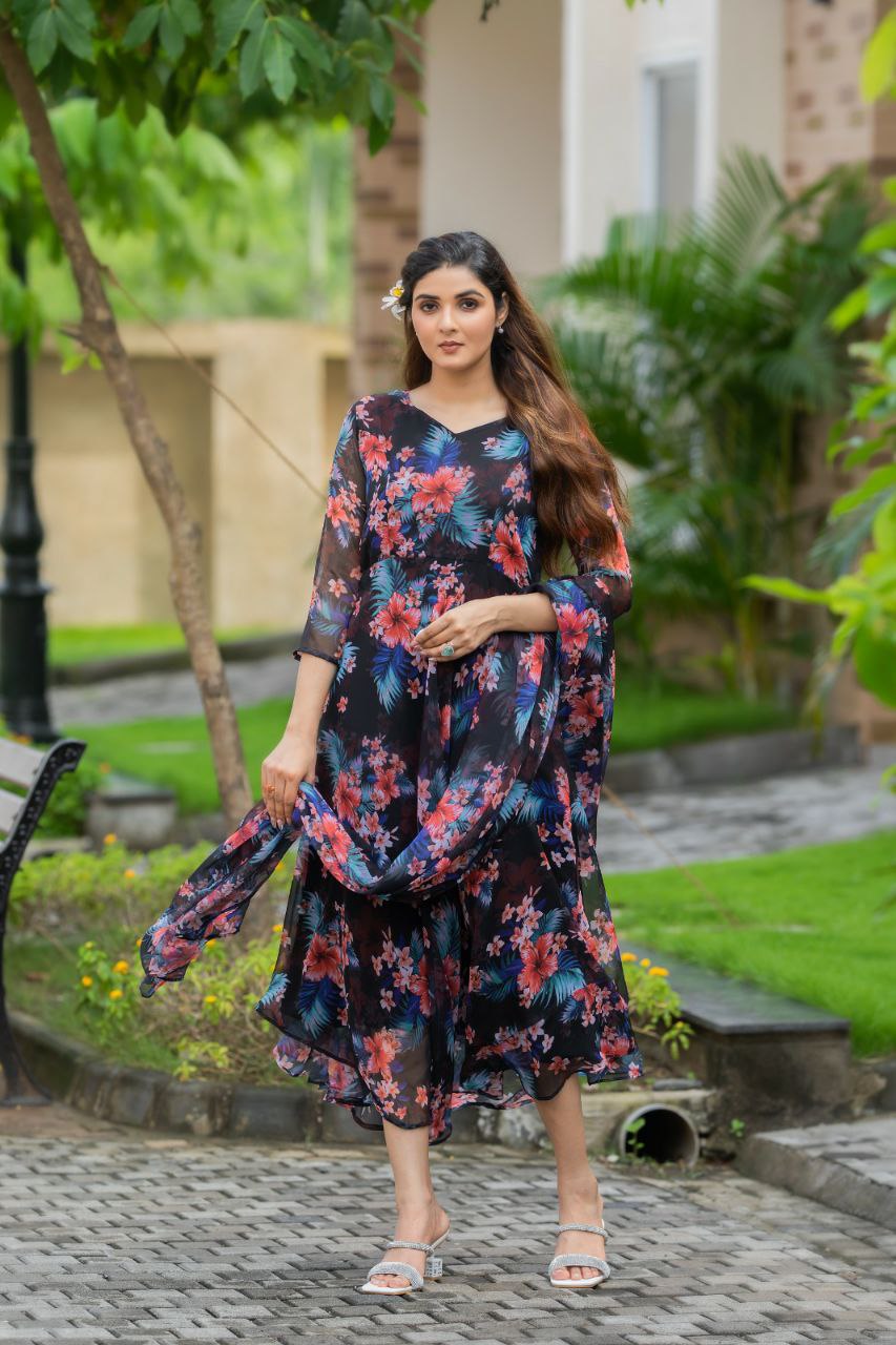 Elegant Black Organza Floral Anarkali Kurti with Dupatta Set of 2 - Perfect for Festivals, Weddings & Special Occasions