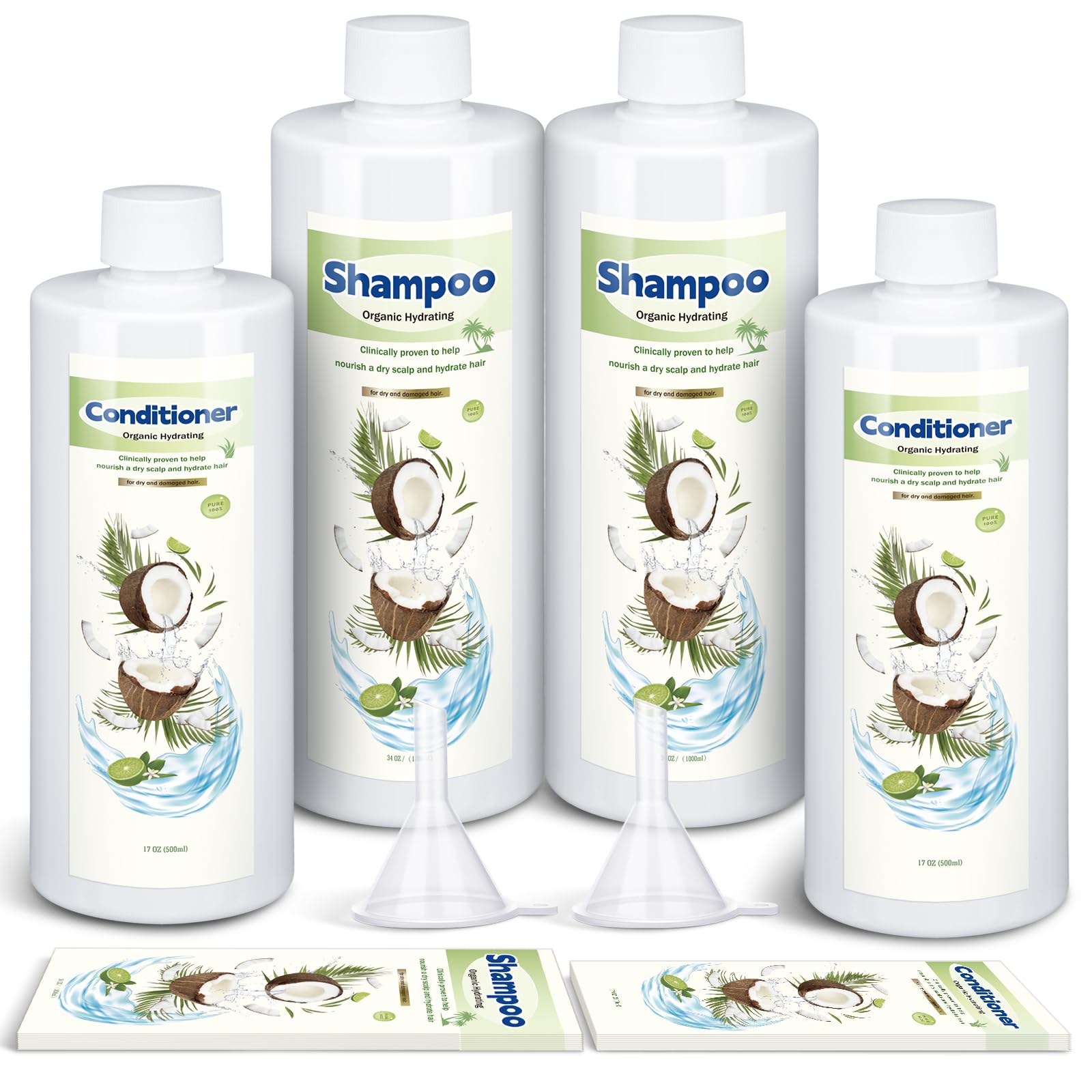 4-Pack 17 oz & 34 oz Large Plastic Flask Kit - Leakproof Fake Shampoo & Conditioner Bottles for Cruises, Travel, Beach Essentials - TSA Approved Toiletry Containers for Liquids & Cosmetics