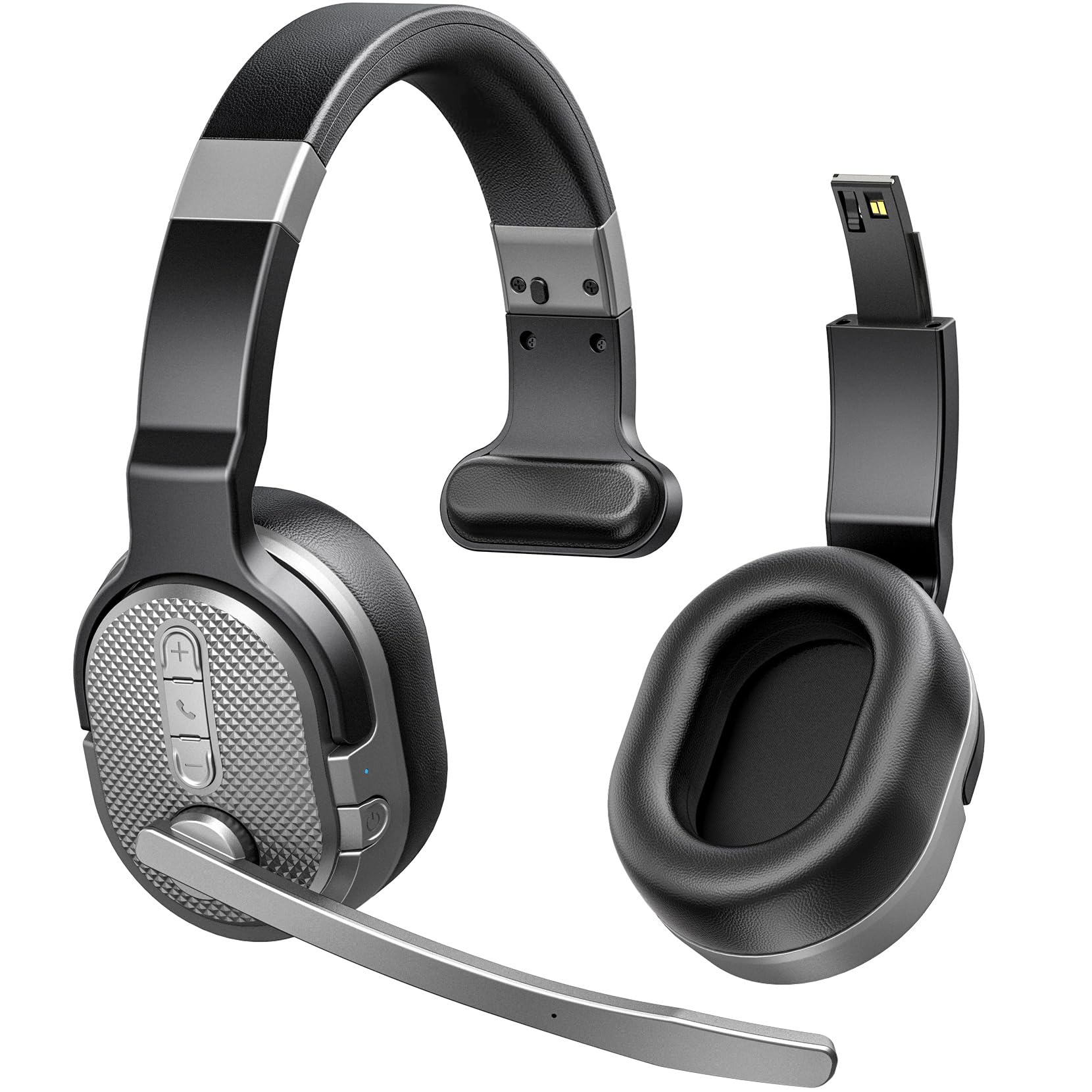 Wireless Bluetooth Headset with Noise Cancelling Microphone - 50+ Hours HD Talk Time, Detachable Earpad, Single/Dual Mode - Perfect for Truck Drivers, Office Work, Home Use & Long Driving Sessions (Silver)