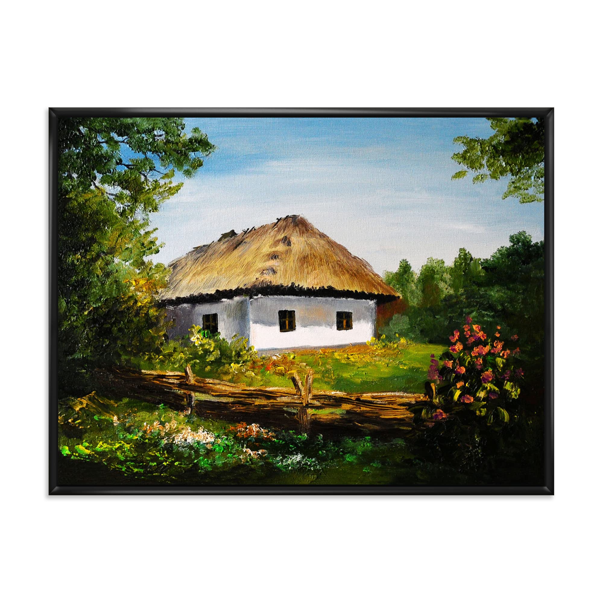 DesignQ Traditional Cottage At Dawn In Summer - Framed Canvas Wall Art Print for Living Room, Bedroom & Office Decor - Vintage Landscape Painting Home Decoration