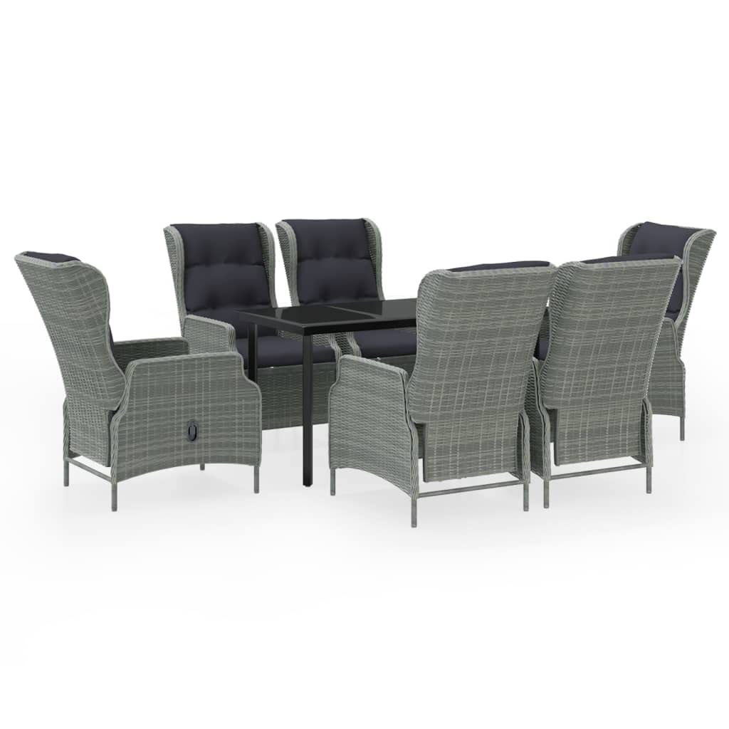 7-Piece Patio Dining Set with Reclining Chairs & Tempered Glass Table - Light Gray PE Rattan Outdoor Furniture with Black Cushions for Garden, Backyard, Poolside Relaxation