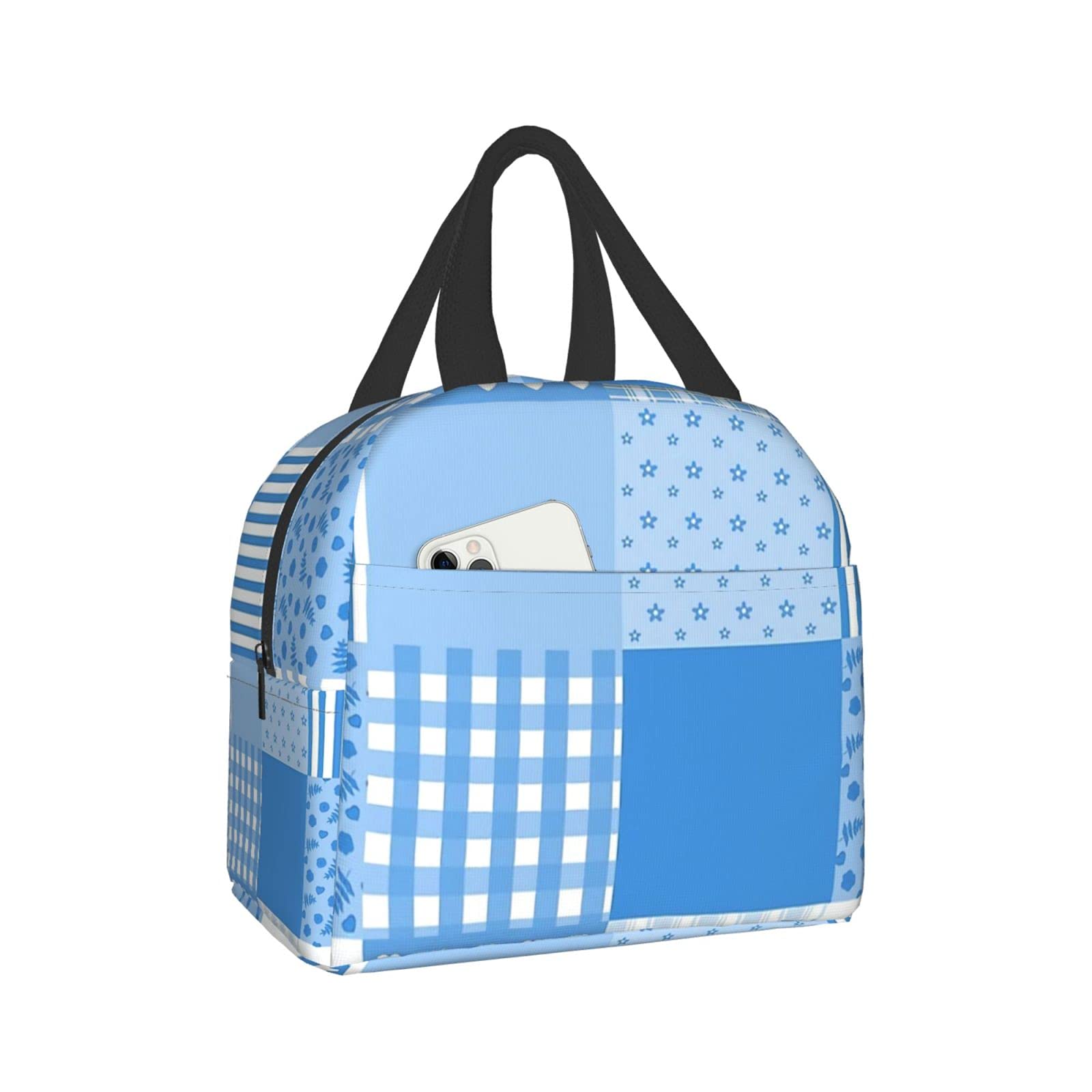 Stylish Blue & White Patchwork Insulated Lunch Box Bag - Durable Reusable Waterproof Picnic & Travel Tote for Men, Women, Boys & Girls | Perfect for School, Work, Beach & Outdoor Activities