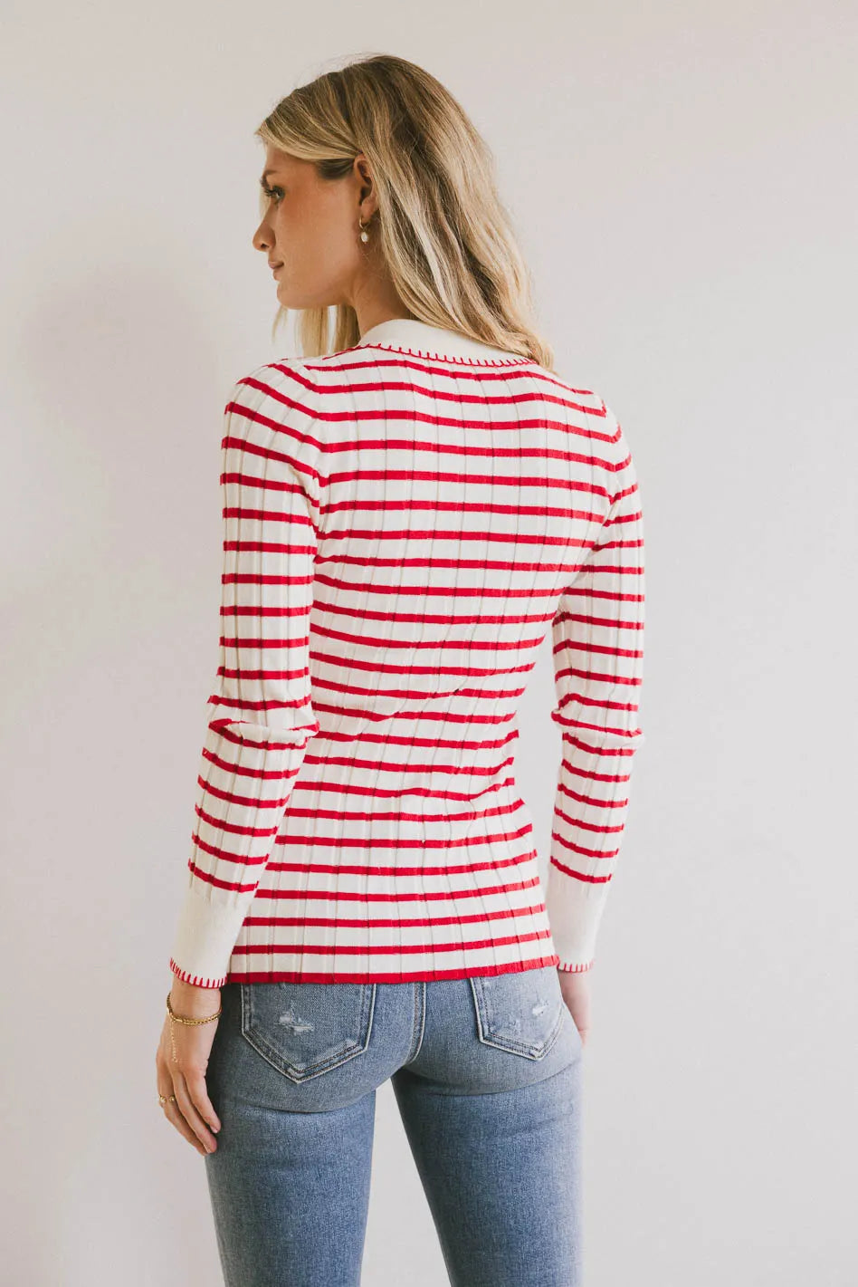 Harrison Women's Striped Collared Shirt - Long Sleeve Button Down Blouse in Red | Casual Office Wear & Spring Outfits
