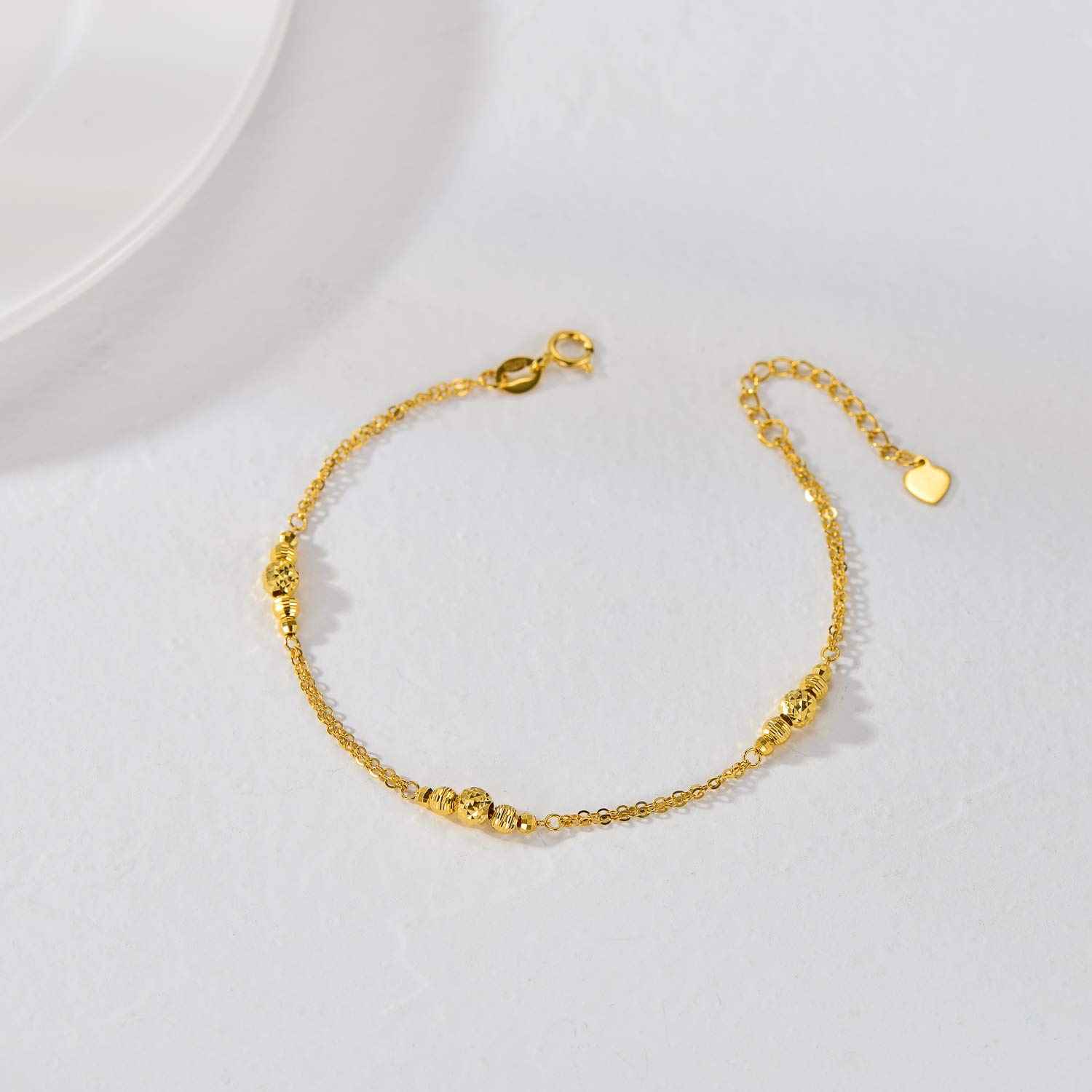 18K Solid Gold Bracelet for Women - Dainty Gold Double Chain Bracelet with Diamond Cut Beads - Elegant Anniversary Jewelry Gift for Wife, Mom, Girlfriend - 7