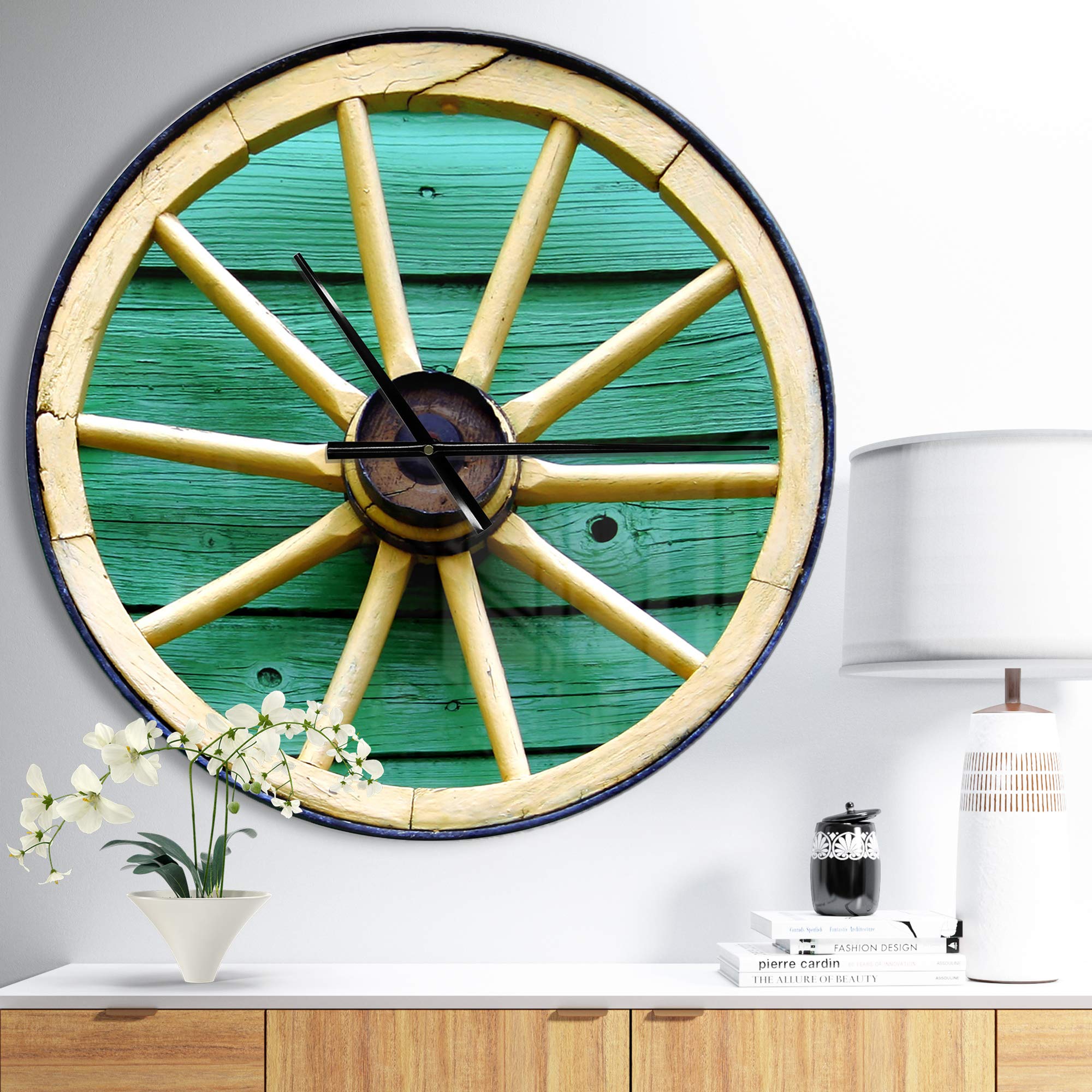 Designart Antique Wagon Wheel Turquoise Wood Wall Clock - Rustic Farmhouse Decor for Living Room, Bedroom, Office | Decorative Round Metal Wall Art for Home Décor