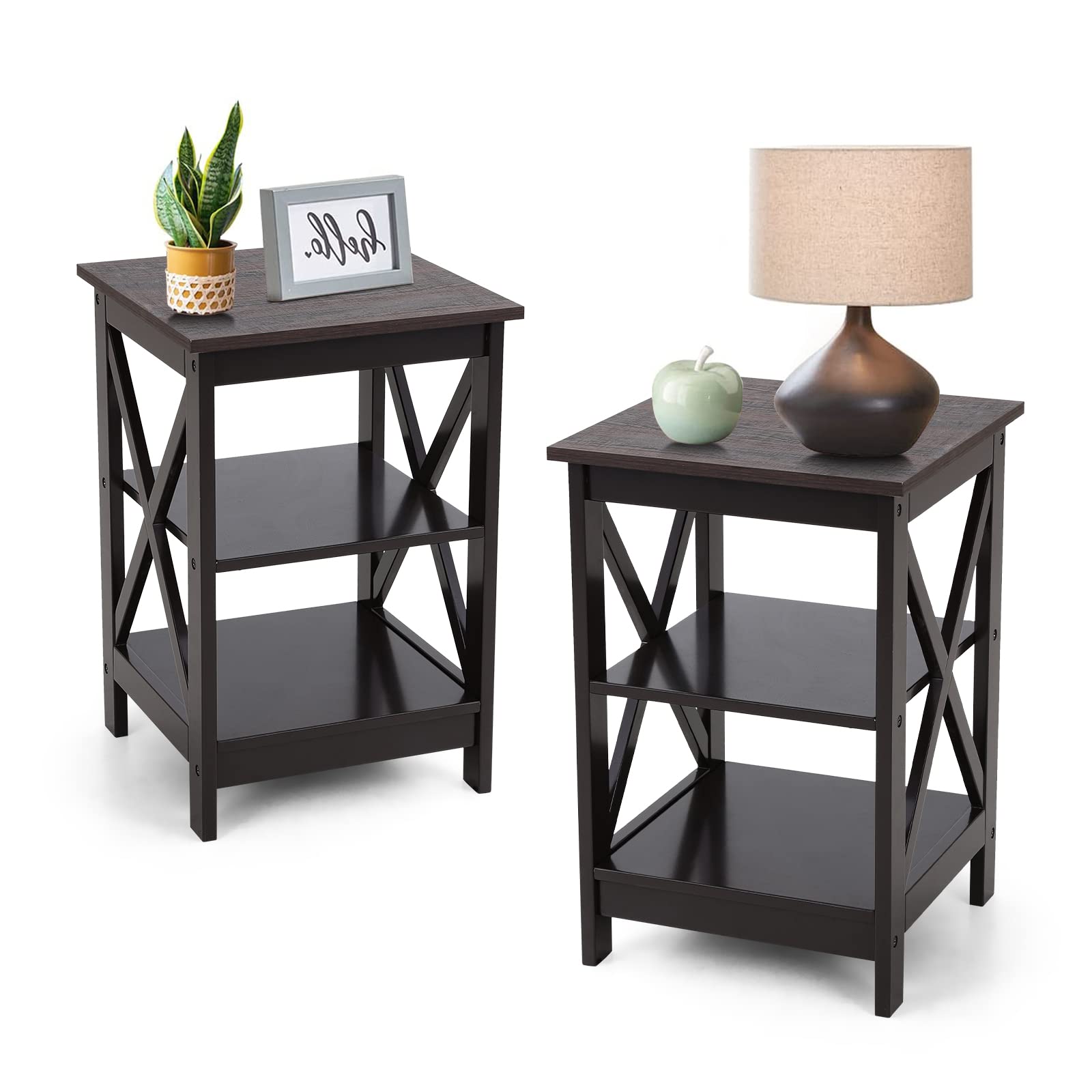 Sophia & William 2-Piece Farmhouse End Table Set with Storage Shelves - 3-Tier Side Table, Nightstand for Living Room, Bedroom, Office - Espresso Finish | Perfect for Coffee Table Decor, Small Space Furniture & Home Organization
