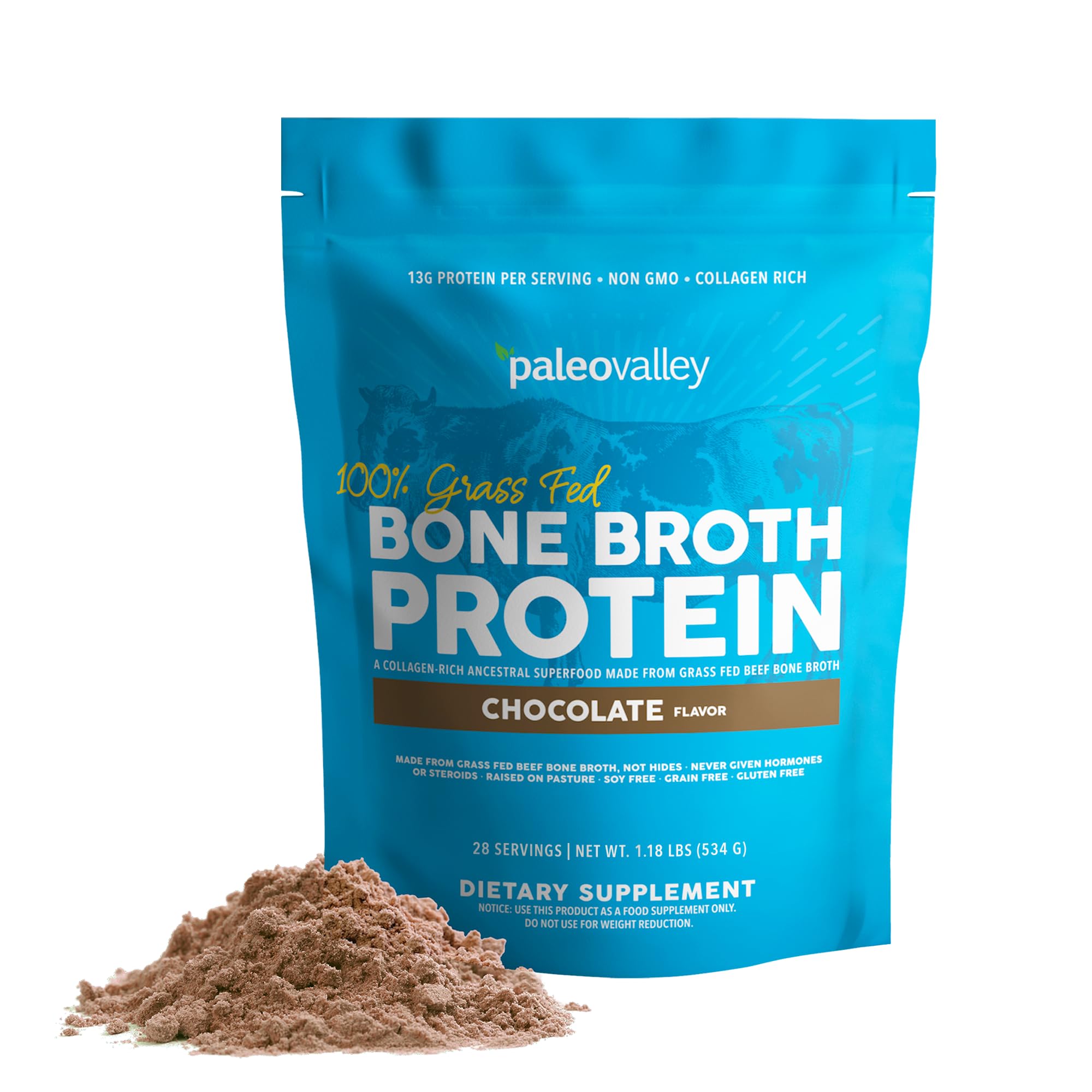 Paleovalley 100% Grass Fed Bone Broth Protein Powder - Chocolate Flavor - High in Collagen for Hair, Skin & Gut Health - Supports Bones & Joints - 28 Servings - Perfect for Smoothies, Baking & Post-Workout Recovery