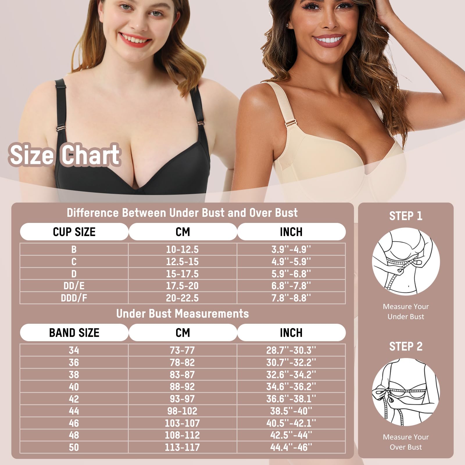 Push Up Bra for Women - Full Back Coverage, Deep Cup, Seamless Underwire T-Shirt Bra | Hide Back Fat & Smoothing Design | Perfect for Everyday Wear, Workout & Special Occasions