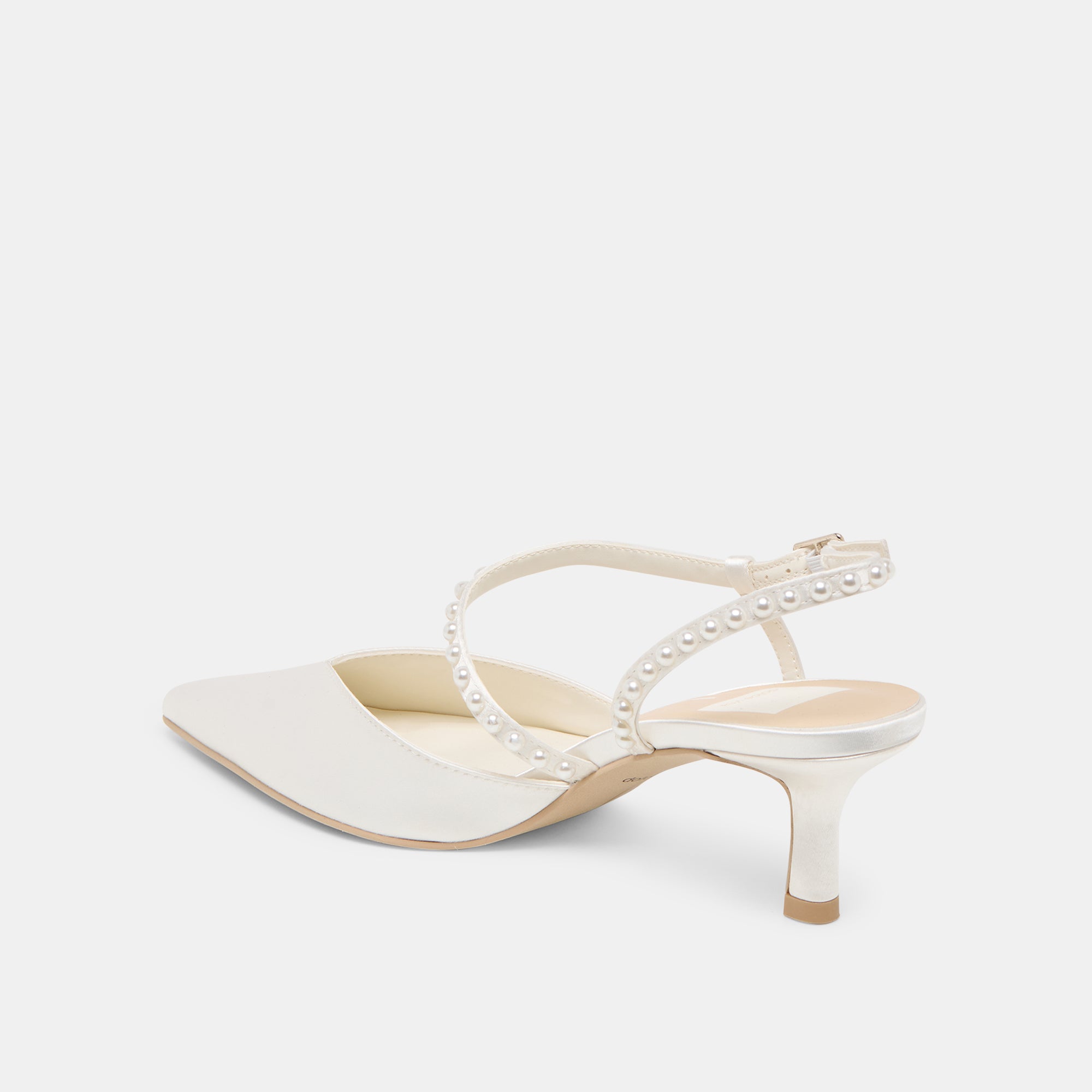 KAMRA Pearl Mid Heel Pumps - True White Satin Wedding Shoes for Brides, Prom, and Formal Events