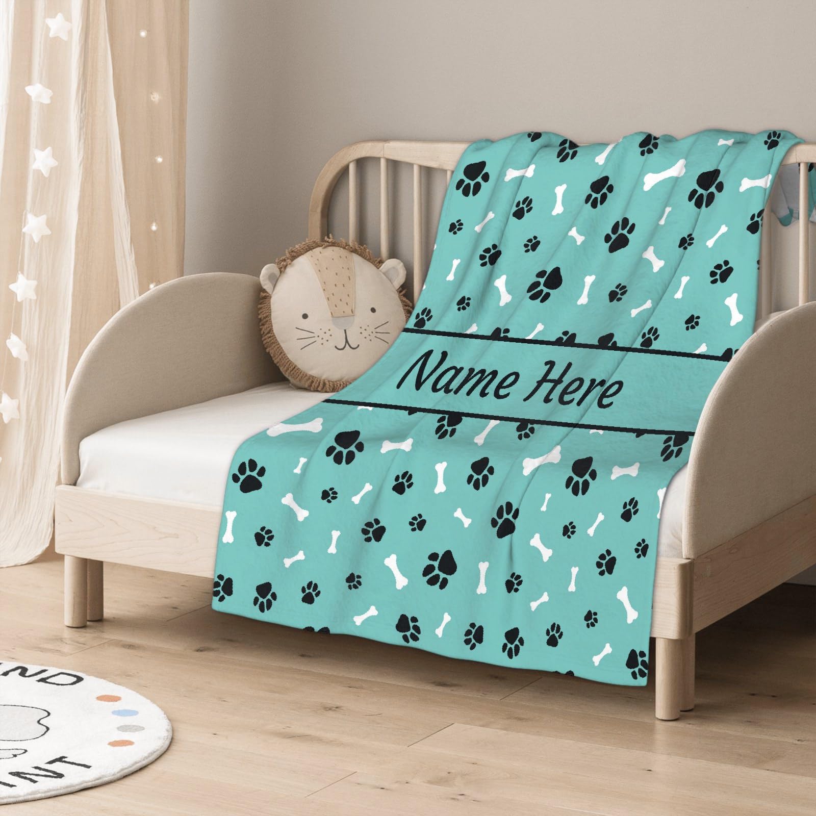 **Personalized Dog Blanket - Custom Name Pet Blanket for Dogs, Puppies - Soft Cozy Fleece Throw Blanket for Bed, Sofa & Travel - Perfect Gift for Dog Lovers, Mom, Dad - Cute Paws & Bones Design**    *(Use Scenes: Great for snuggling at home, keeping your pet warm during travel, or as a thoughtful gift for dog lovers!)*