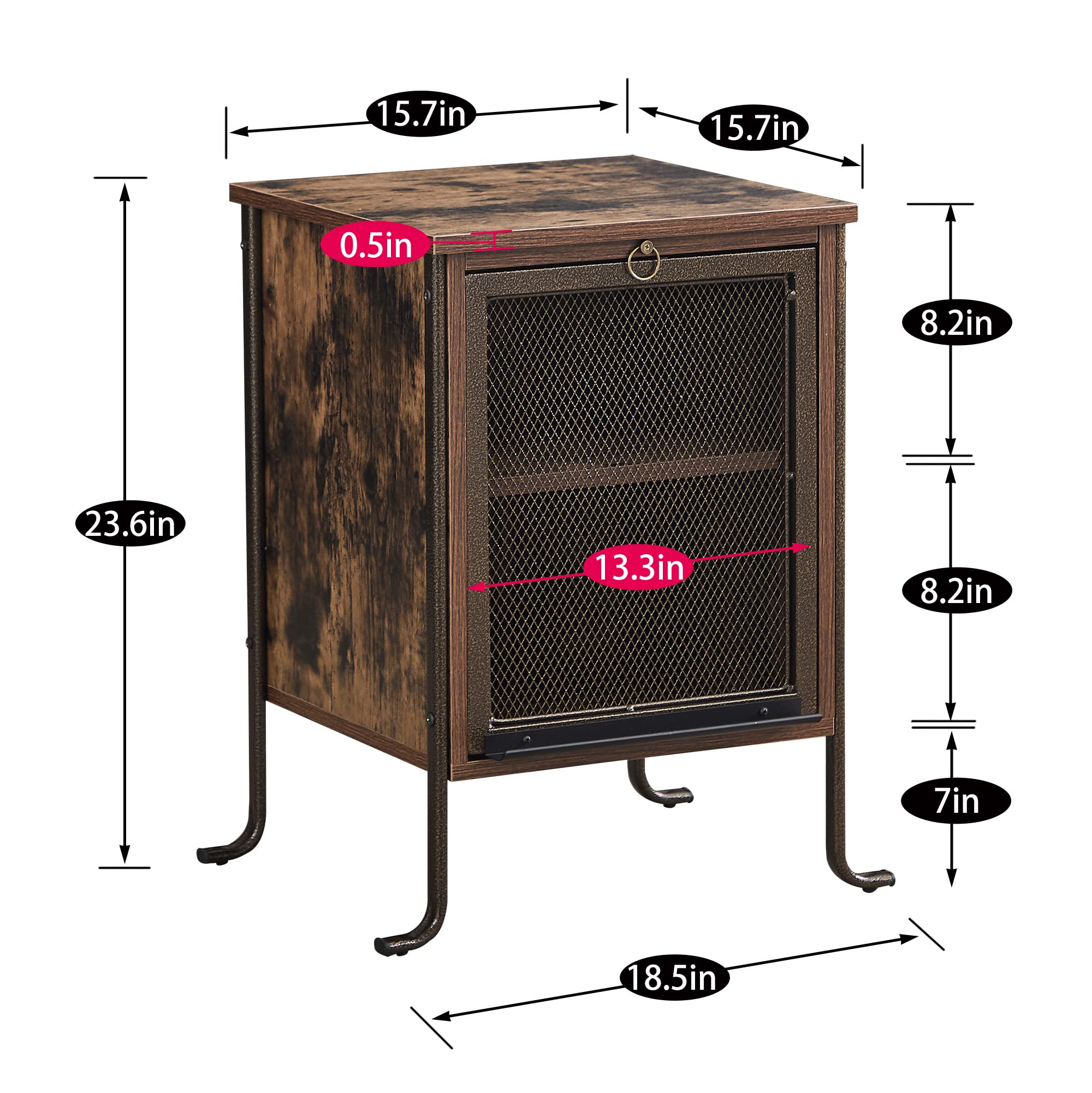 VECELO Rustic Brown Side Table with Pull-Out Tray & 2-Tier Storage Shelf - Compact End Table for Small Spaces, Bedroom Nightstand or Chairside Table - Sturdy Steel Frame for Living Room, Office & Dorm Use