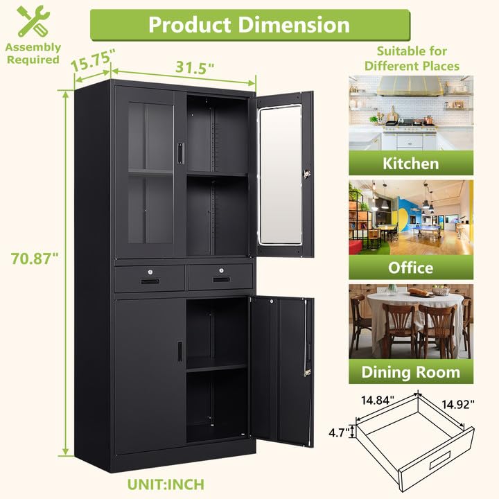 Black Glass Display Cabinet with Lockable Metal Drawers & 2 Adjustable Shelves - 71