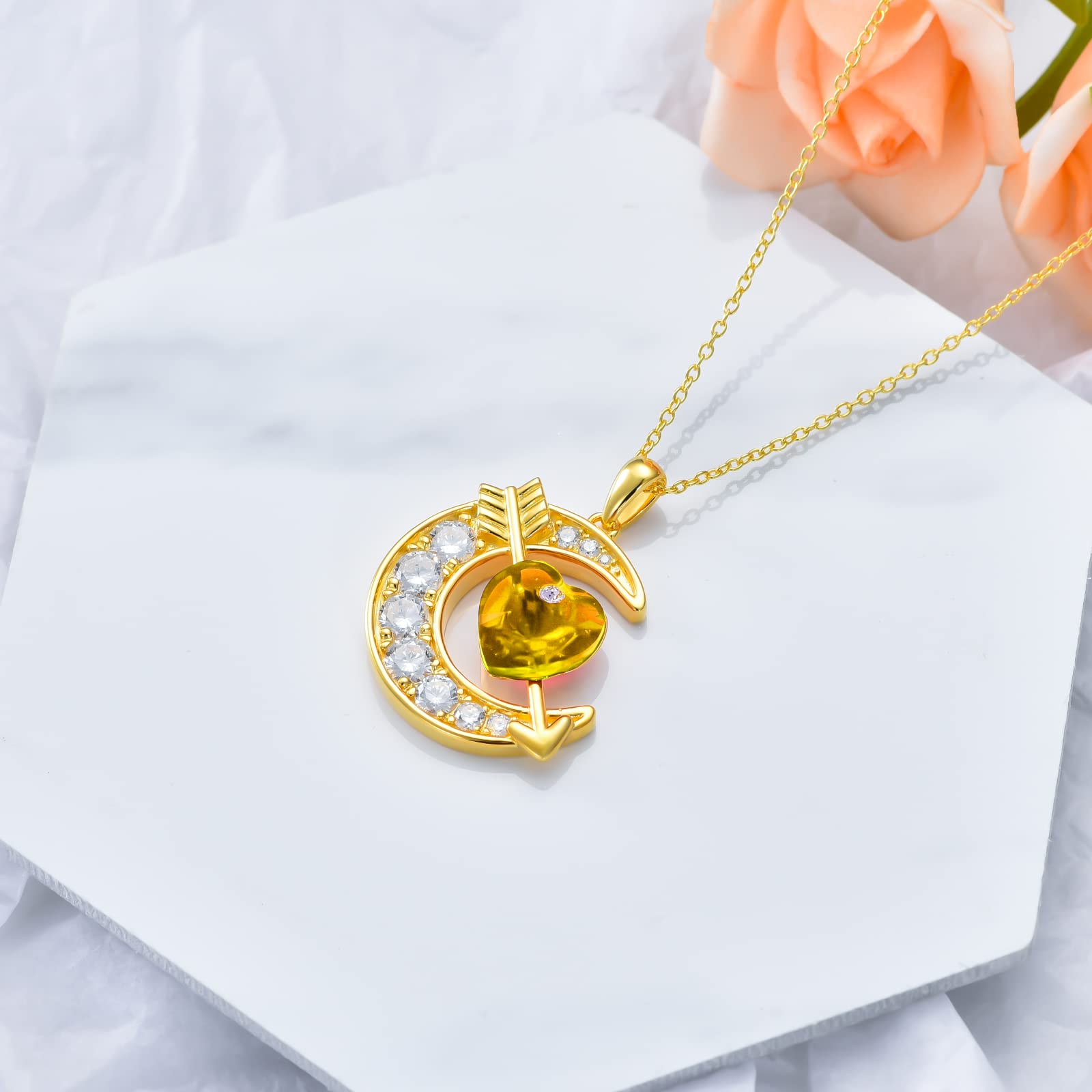 OCJ Sterling Silver Moon Birthstone Pendant Necklace for Women - Classic Love Arrow Crystal Jewelry with Personalized Birthstone | Perfect Birthday, Christmas Gift for Her, Daughter, Teens & Girls | Elegant Everyday Wear & Special Occasion Jewelry