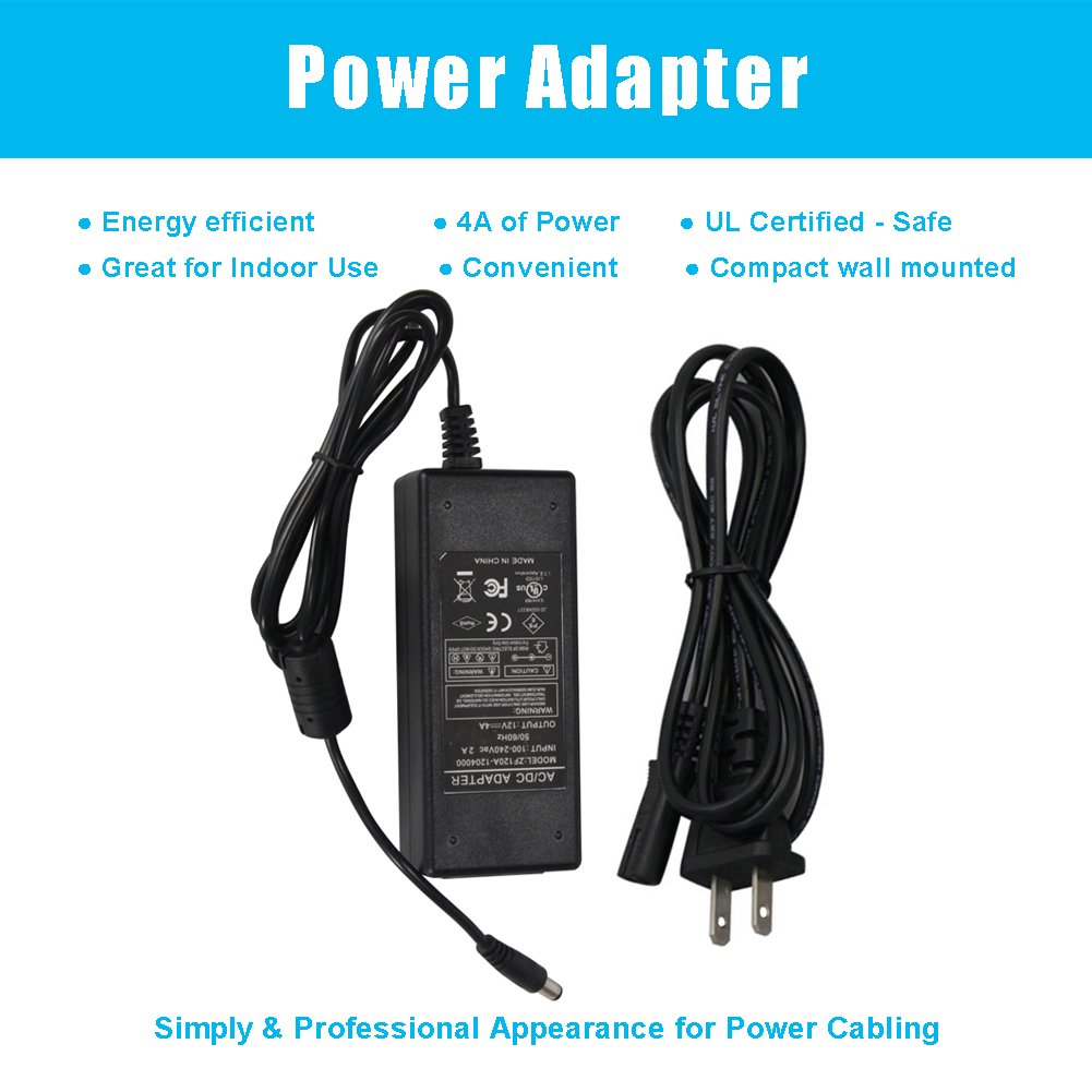 12V 4A Power Adapter, AC 100-240V to DC 12V Converter, 48W Switching Power Supply with 2.1mm X 5.5mm US Plug - LED Driver for 3528/5050 LED Strip Lights - Perfect for Home Lighting, DIY Projects, and Commercial Signage
