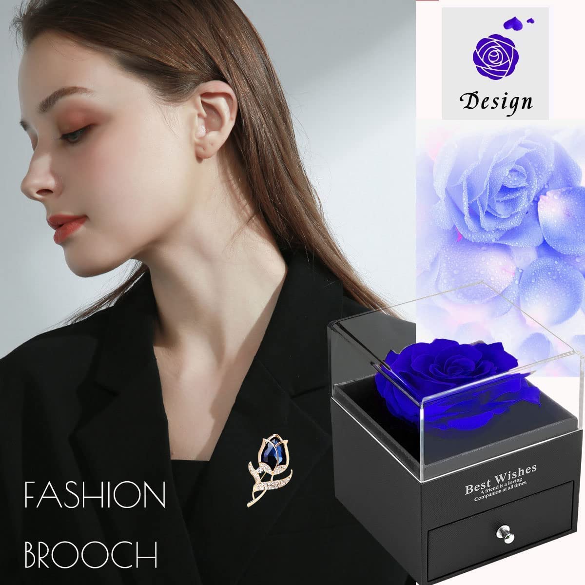 SWEETIME Blue Rose Gift Box with Sterling Silver S925 Necklace & Floral Brooch - Eternal Rose Jewelry Set for Women - Perfect Thanksgiving, Christmas & Anniversary Gift for Her - Romantic Present for Wife, Girlfriend, Mother (Home Decor & Special Occasion Gift)