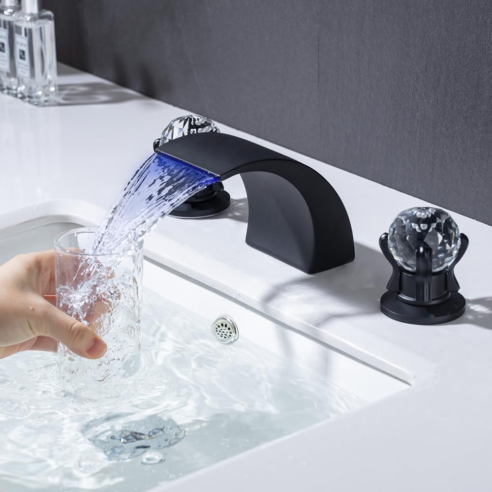 3 Hole 2 Handle Widespread LED Waterfall Bathroom Sink Faucet with Dual Crystal Handles - 8 Inch Matte Black Basin Mixer Tap with Supply Hose - Perfect for Modern Vanities & Luxury Bathroom Renovations