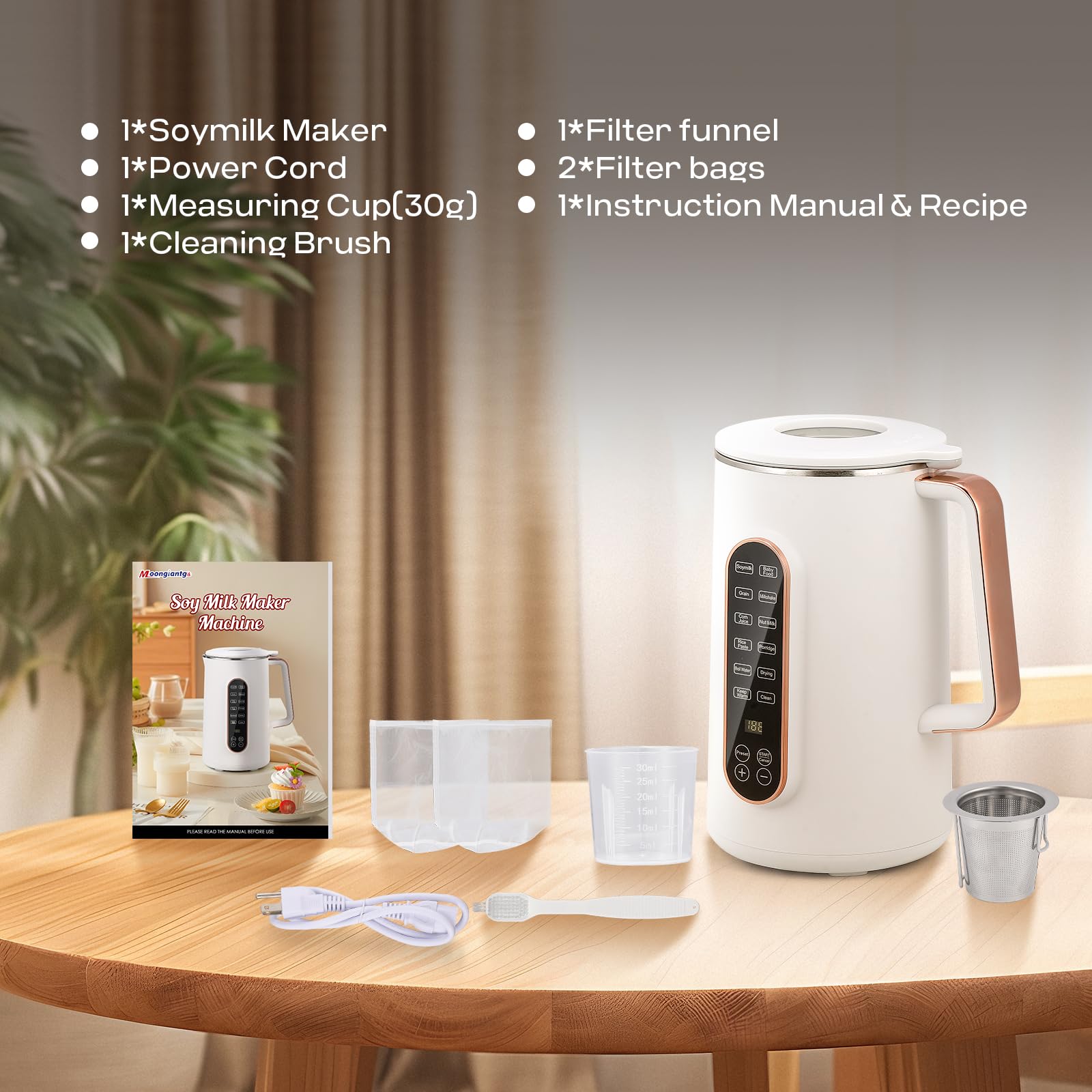 Moongiantgo 40oz Automatic Soy Milk Maker Machine - 8-in-1 Nut Milk Maker for Almond, Oat & Plant-Based Dairy-Free Beverages with 10 Blades, 12H Delay Start, Keep Warm & Auto Clean (White) - Perfect for Vegan Breakfast, Healthy Smoothies & Homemade Nut Milks