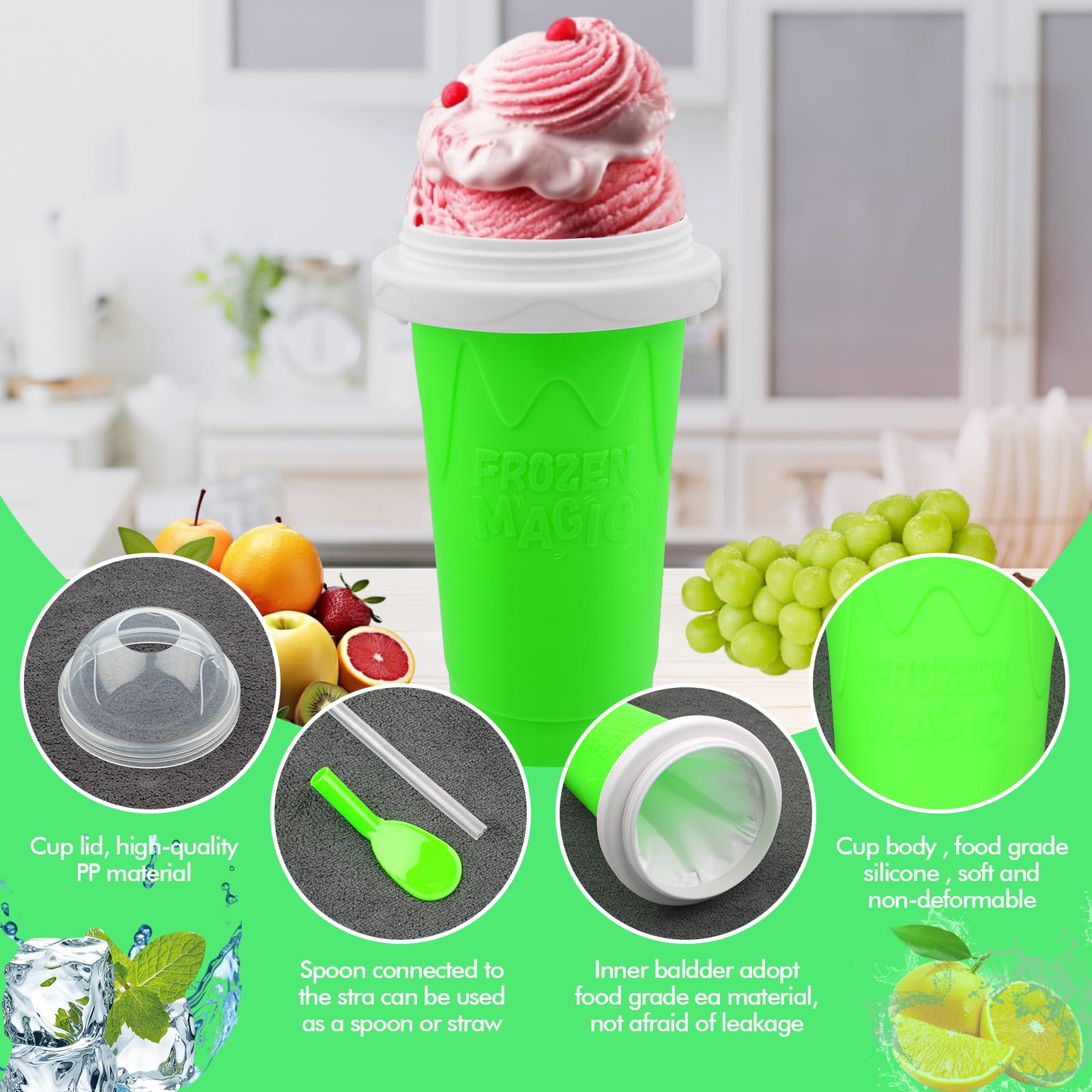 Magic Slushy Maker Cup - DIY Portable Smoothie & Ice Cream Squeeze Cup with Straw - Double Layer Silicone for Juices, Milk & Frozen Treats - Perfect Gift for Friends & Family (Green) - Great for Parties, Picnics & Summer Fun