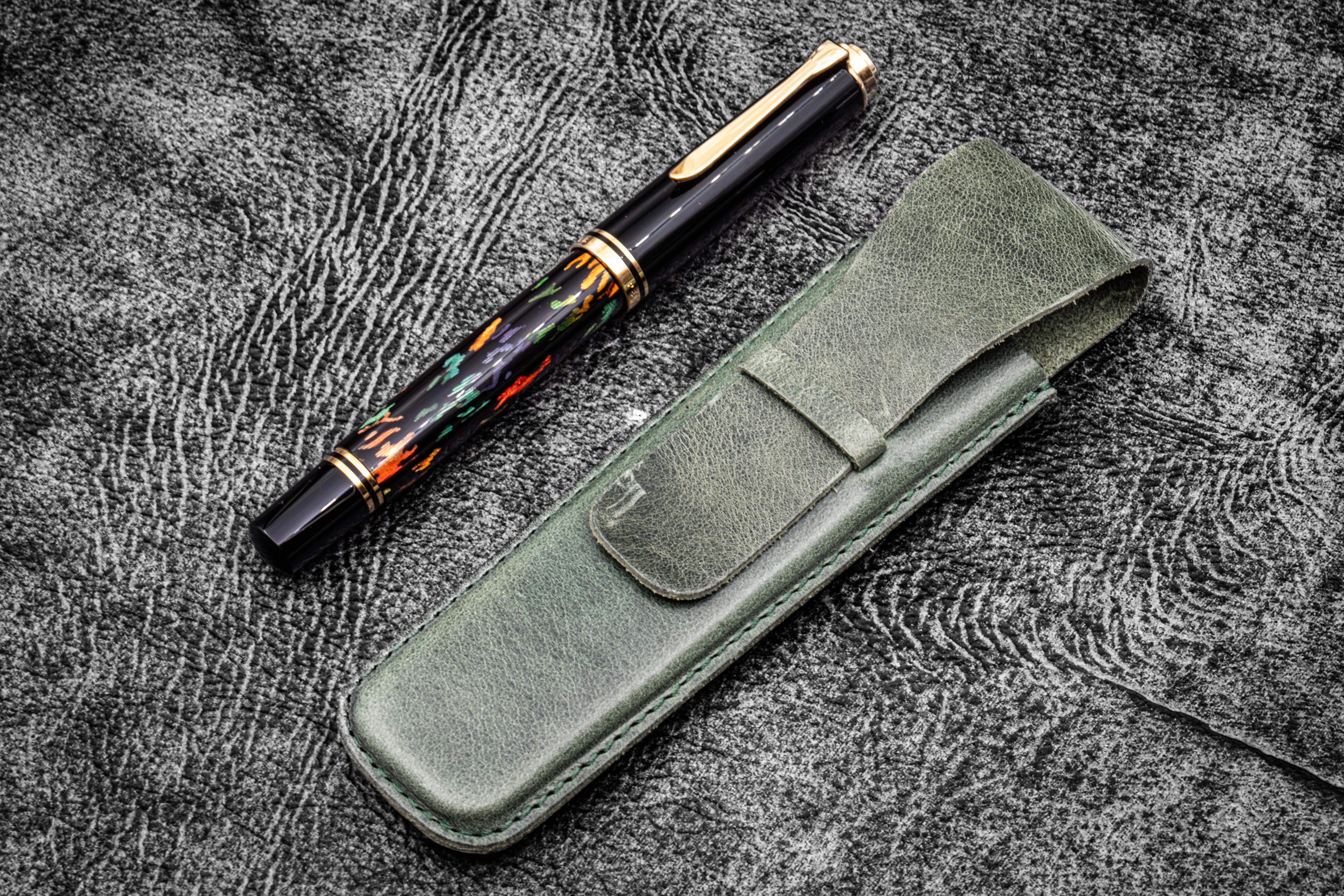 Vintage Slim Leather Pen Sleeve for Single Pen - Premium CH Forest Green Leather - Perfect for Journaling, Office Use & Gift Giving