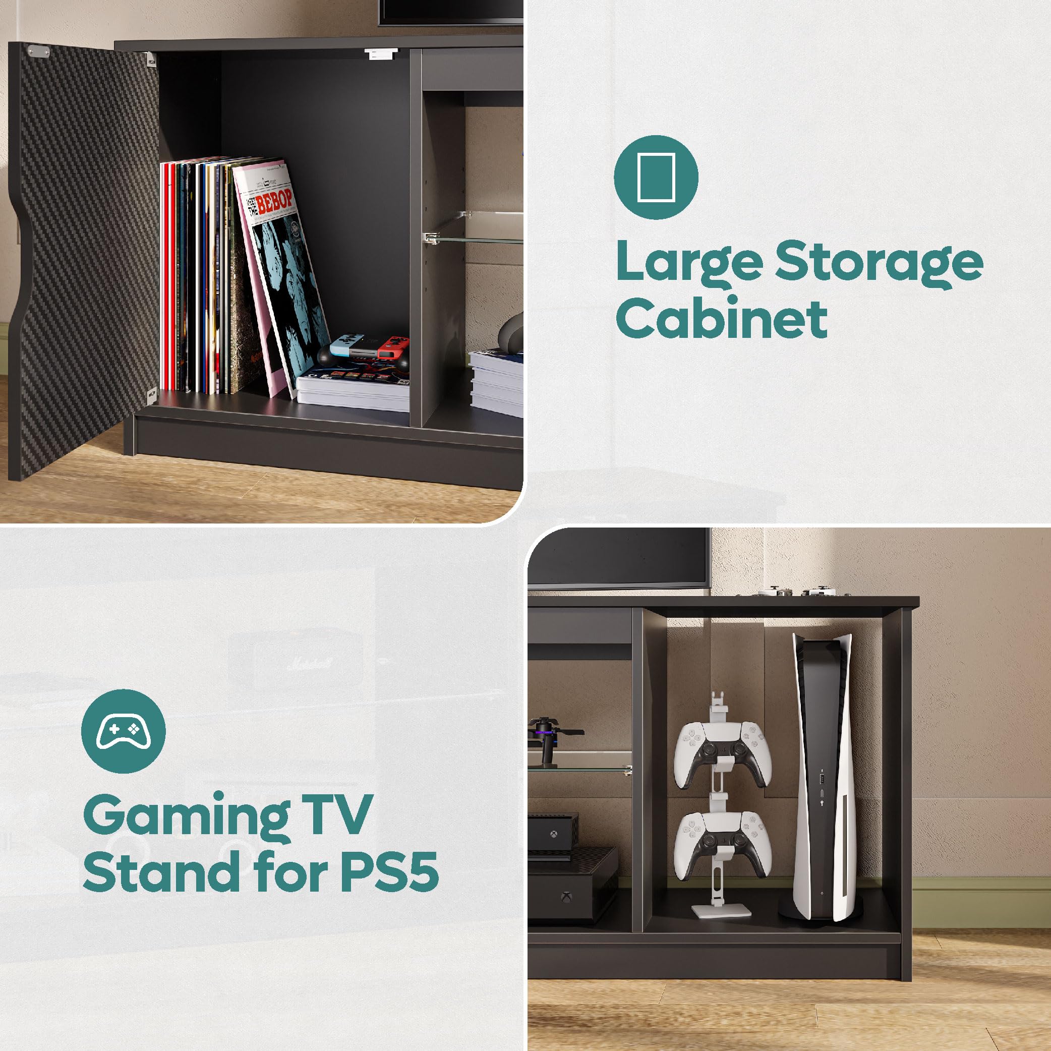 Bestier 57 Inch Modern LED TV Stand for 55/60/65 Inch TVs - Gaming Entertainment Center with Storage Cabinet for PS5, Xbox & Media Devices - Adjustable Glass Shelves TV Console for Living Room & Bedroom - Perfect for Home Theater Setup & Gaming Stations (Black)