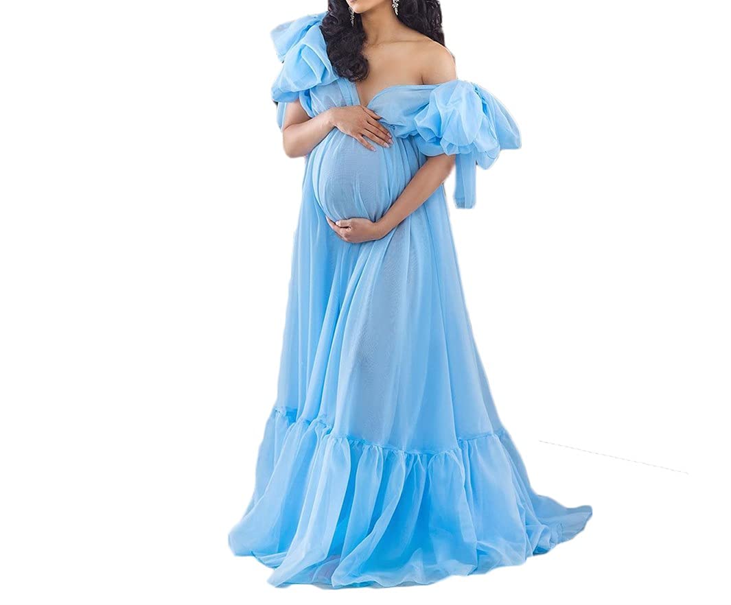 Elegant Off Shoulder Maternity Tulle Robe for Photoshoot & Baby Shower - Soft Lace Bridal Gown for Pregnancy Photos, Newborn Photos & Special Occasions