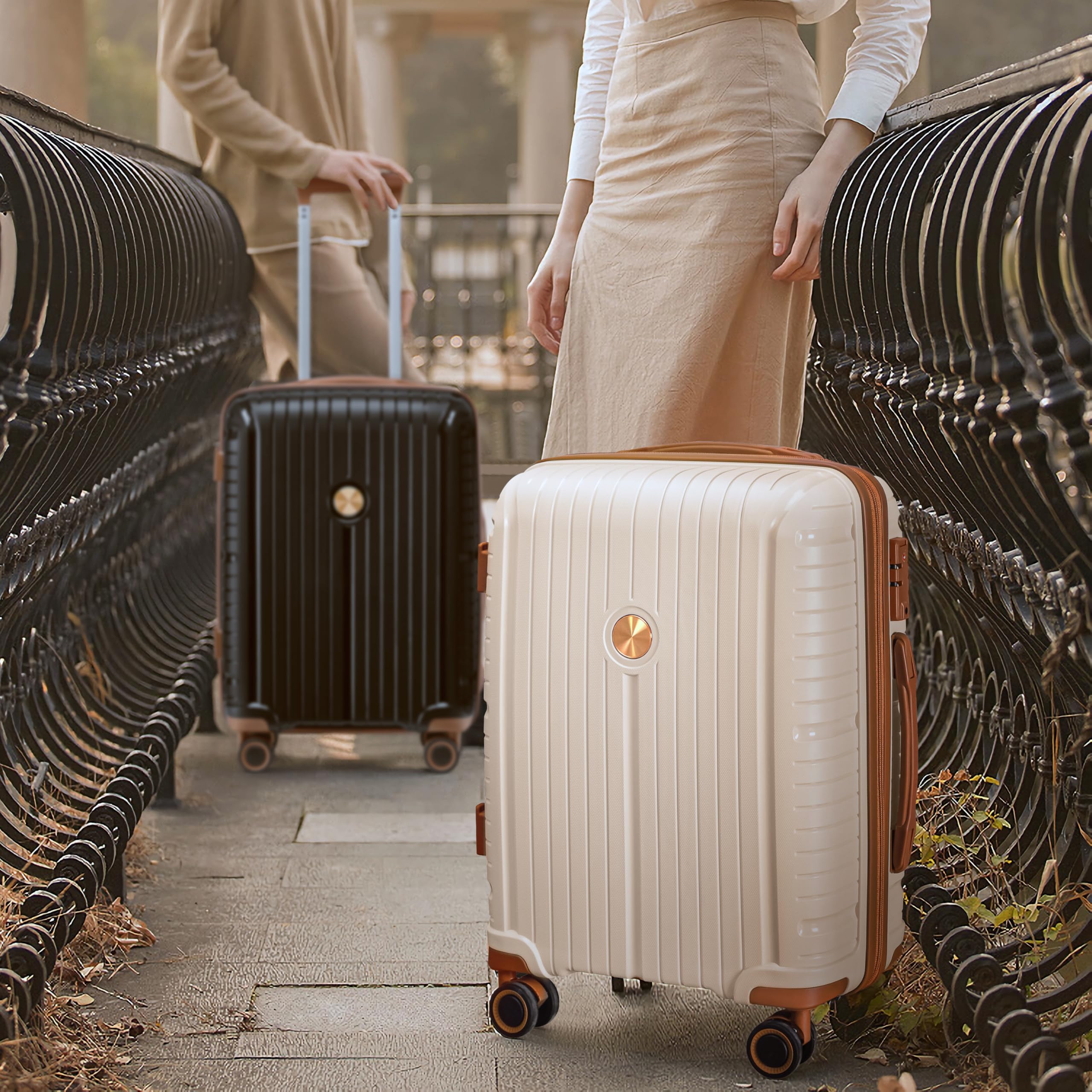 Joyway 5-Piece Hardshell Luggage Set - Lightweight PP Carry-On Suitcase with Double Spinner Wheels & TSA Lock (Beige Brown) - Perfect for Air Travel, Business Trips & Family Vacations