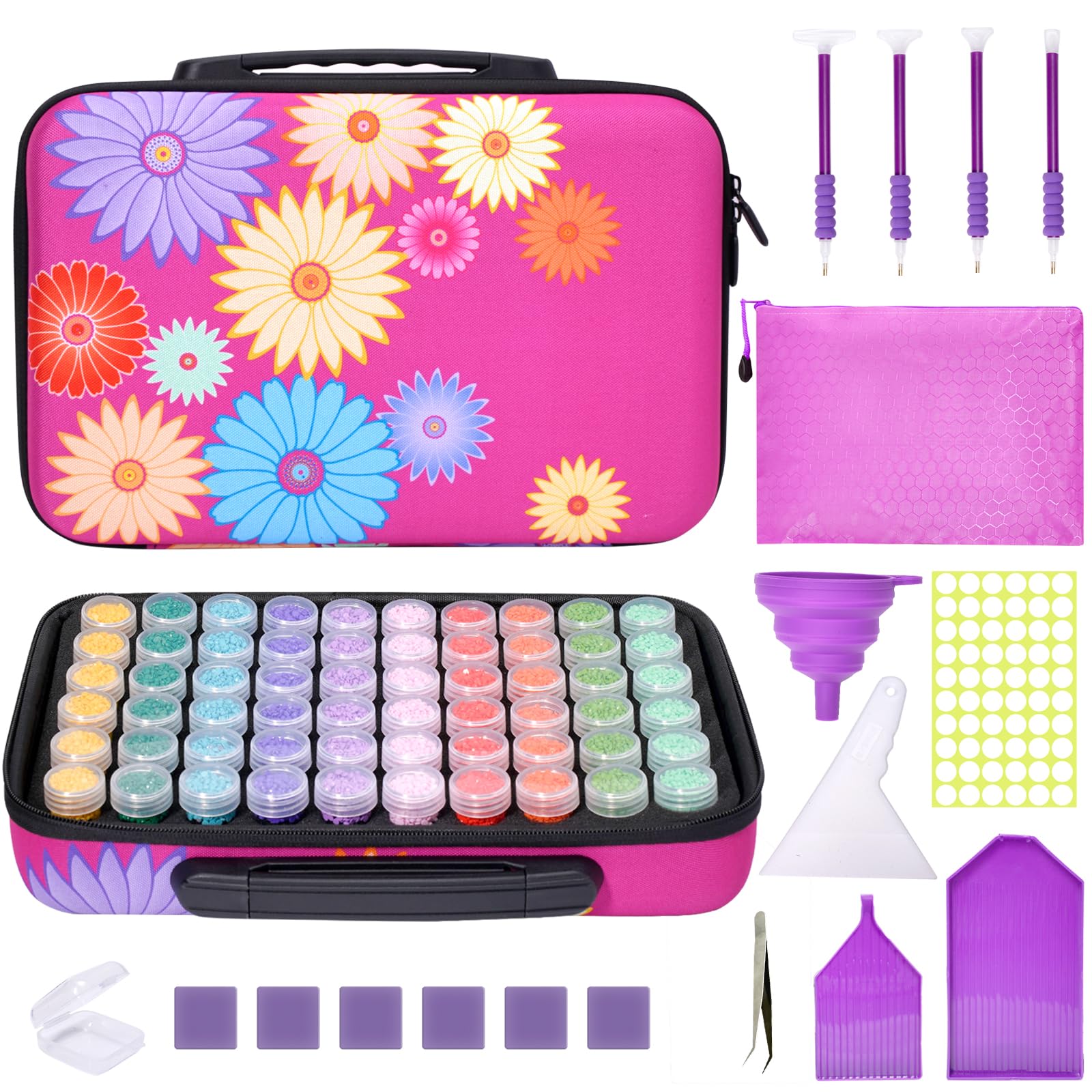 MoeeBtee 60 Slots Diamond Painting Storage Containers Kit - Diamond Art Accessories Organizer Case with Sunflower Design for DIY Craft Projects & Home Decor