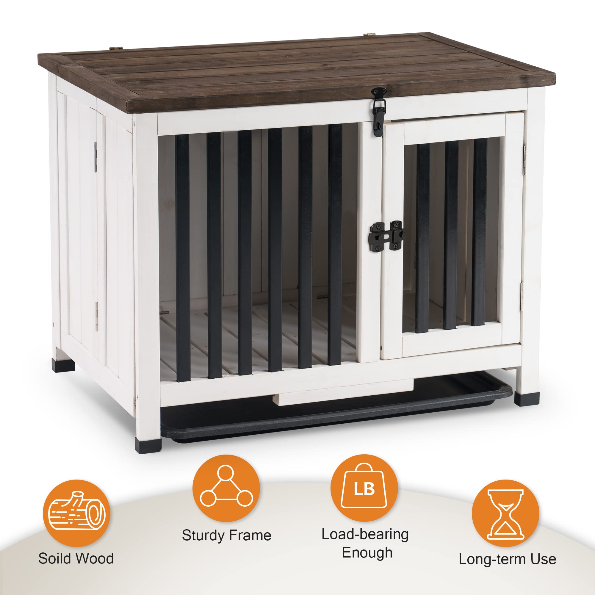MCombo Solid Wood Dog Crate Furniture - Foldable Portable Indoor Dog Kennel End Table with Removable Tray - Small Size White & Brown Pet Cage for Living Room, Bedroom, or Office Use