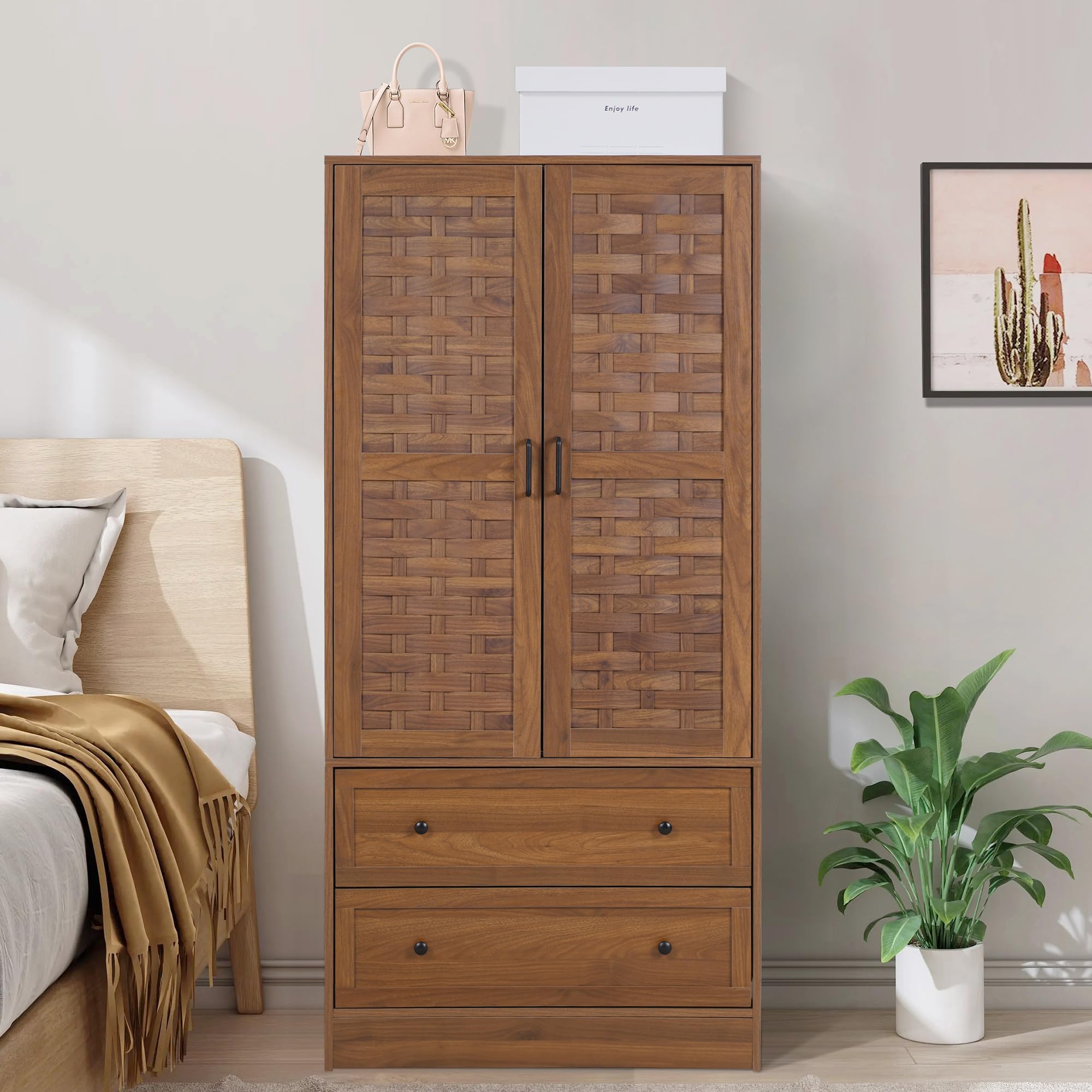 LEVNARY Armoire Wardrobe Closet with 2 Woven Doors, Storage Drawers & Hanging Rail - Freestanding Closet Organizer for Bedroom, Living Room or Dorm (Walnut Finish) - Perfect for Clothes, Shoes & Accessories Storage