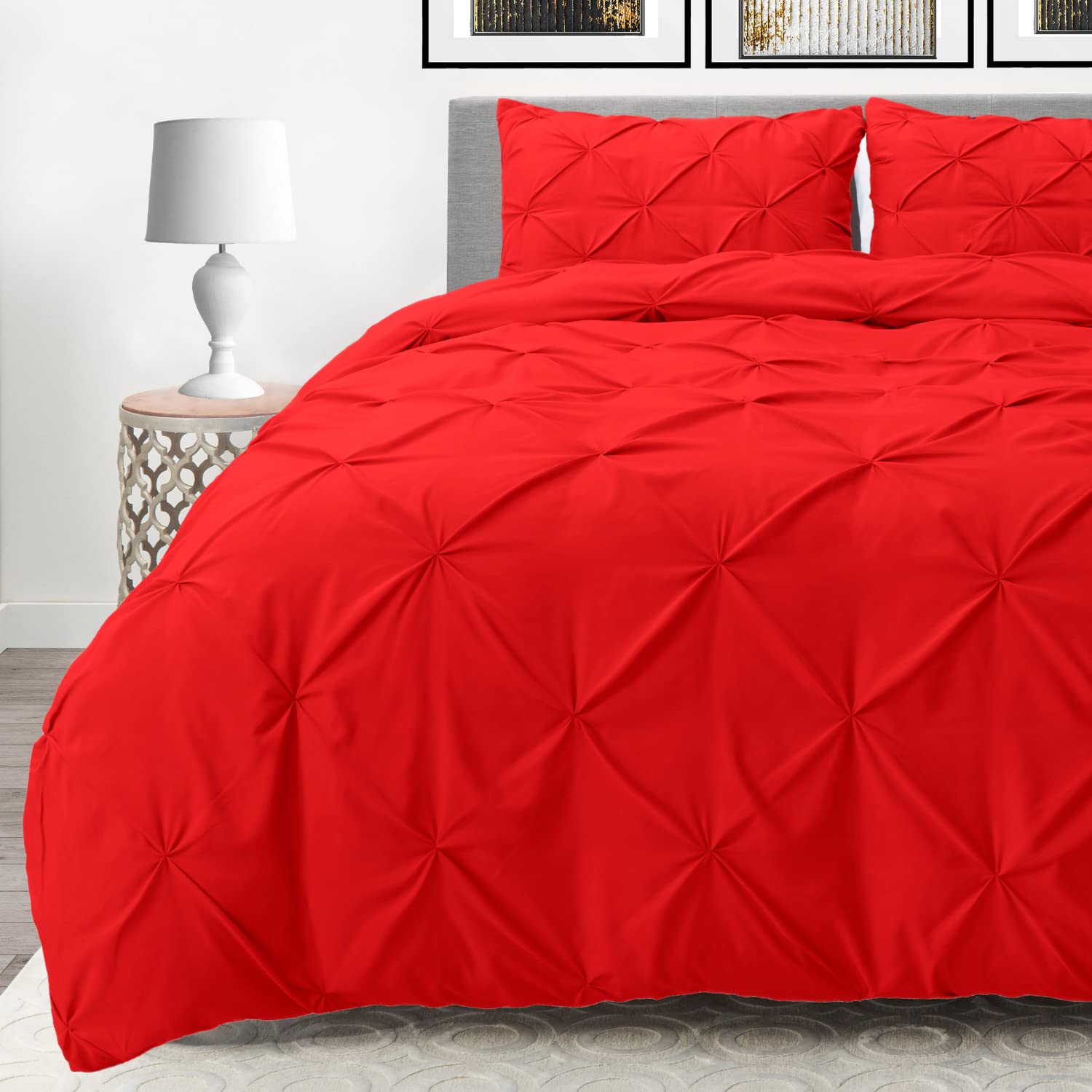 Premium King Size Pinch Pleat Comforter Set - 3-Piece Down Alternative Bedding with 2 Pillow Shams, Pintuck Design in Cherry Red - Perfect for Master Bedroom, Guest Room & Luxury Hotel Style Decor