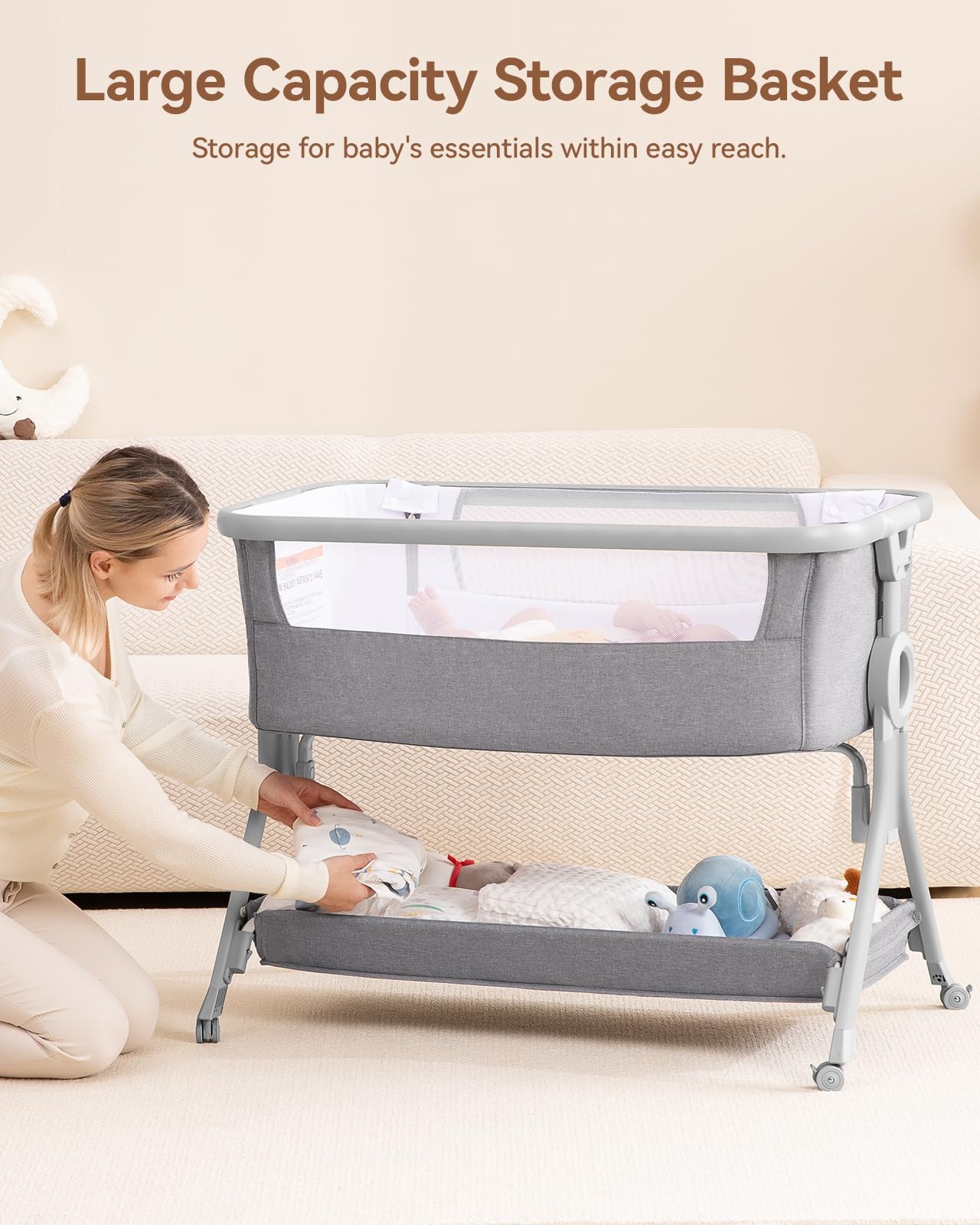 Larex Adjustable Baby Bassinet Bedside Sleeper - Portable Crib with Storage Basket & Wheels for Newborns & Infants | Easy Fold Assembly | Grey | Perfect for Nursery, Bedroom & Travel