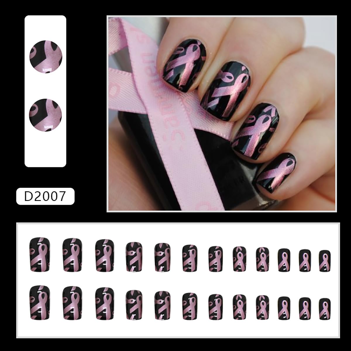 24Pcs Breast Cancer Awareness Press on Nails - Short Square Fake Nails with Pink Ribbon Designs, Full Cover Artificial Coffin False Nails for Women & Girls (Acrylic Nail Decorations) - Perfect for October Awareness Month, Fundraisers, and Supportive Nail Art
