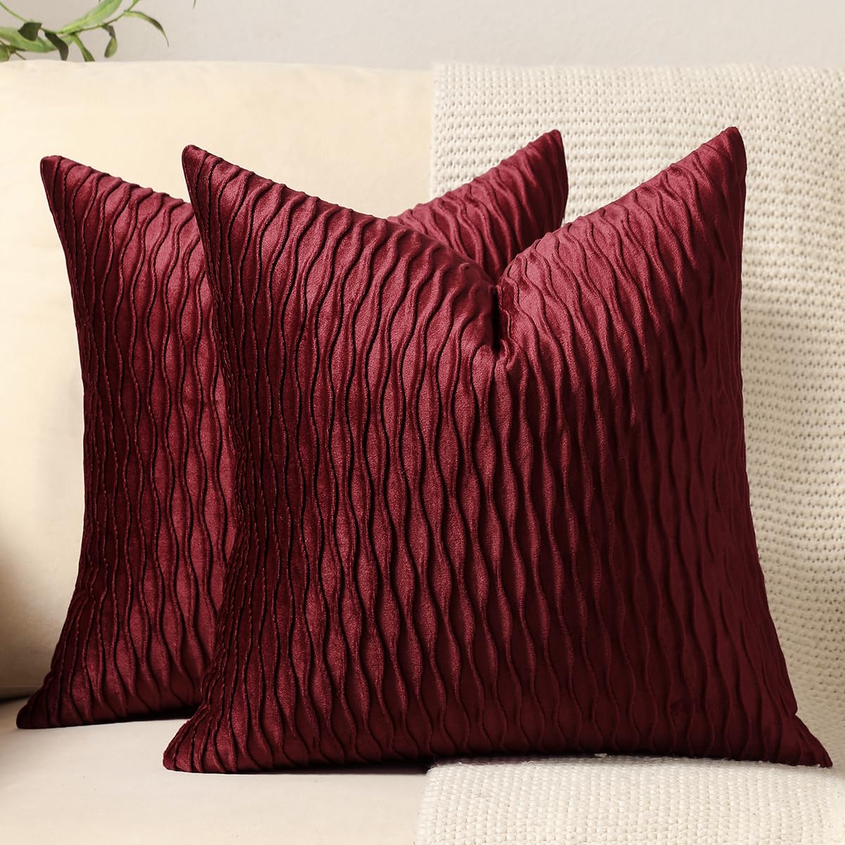DEZENE 2 Pack 20x20 Inch Burgundy Striped Velvet Square Throw Pillow Covers - Decorative Farmhouse Couch Pillow Cases for Living Room, Bedroom & Sofa Decor