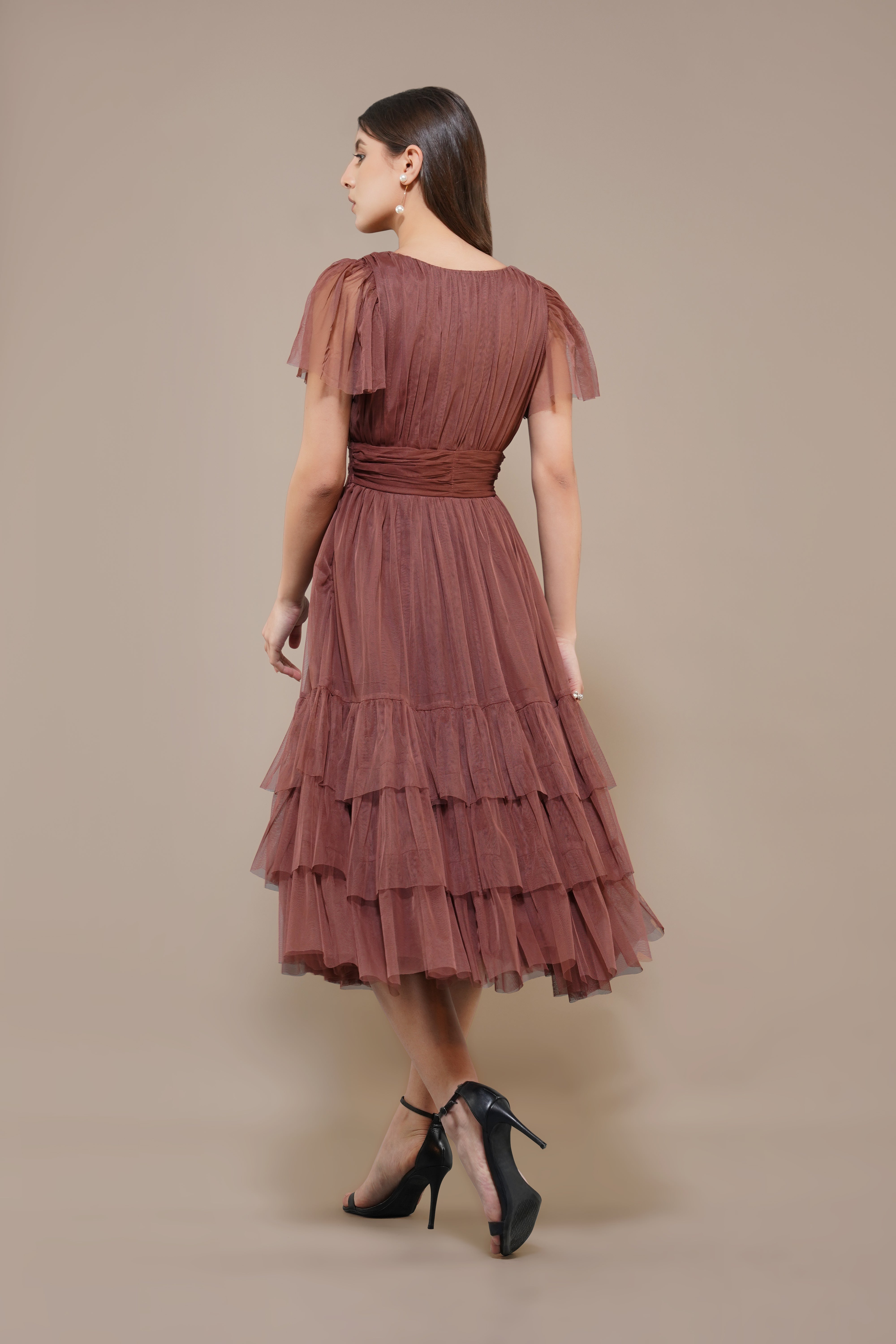 Madison Rose Brown Tulle Bridesmaid Midi Dress - Elegant Tea-Length Formal Gown for Weddings, Prom & Special Occasions