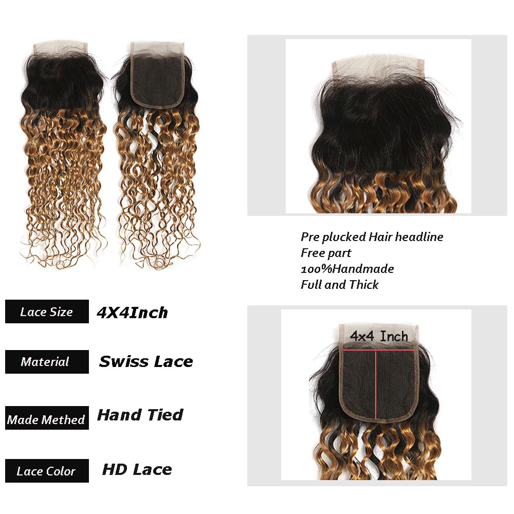 X-TRESS 14 Inch 4x4 Lace Closure Ombre Wet & Wavy Brazilian Curly Remy Human Hair Bundles with Dark Roots & Blonde Tips - Perfect for Protective Styles, Weaves & Natural-Looking Hair Extensions